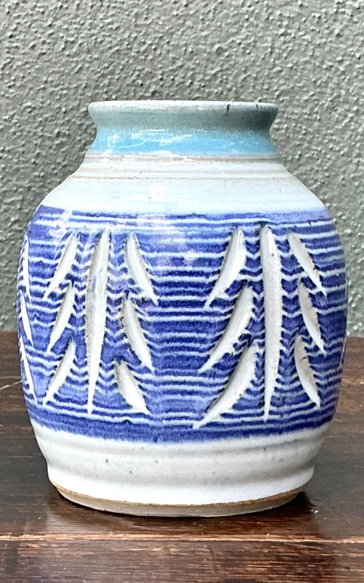 Handcrafted Blue Ceramic Leaf Motif Vase — additional photo 3