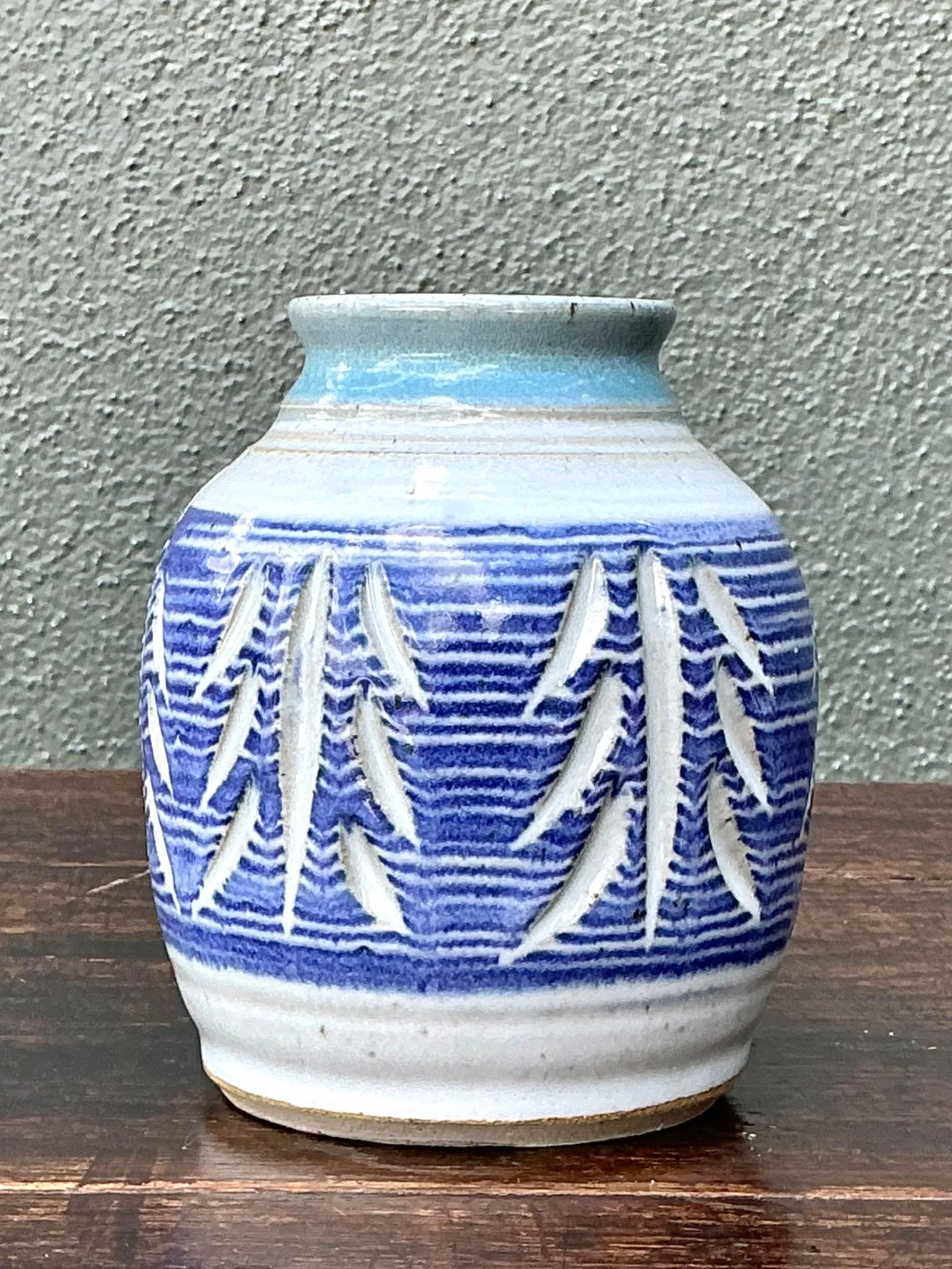 Handcrafted Blue Ceramic Leaf Motif Vase — additional photo 5