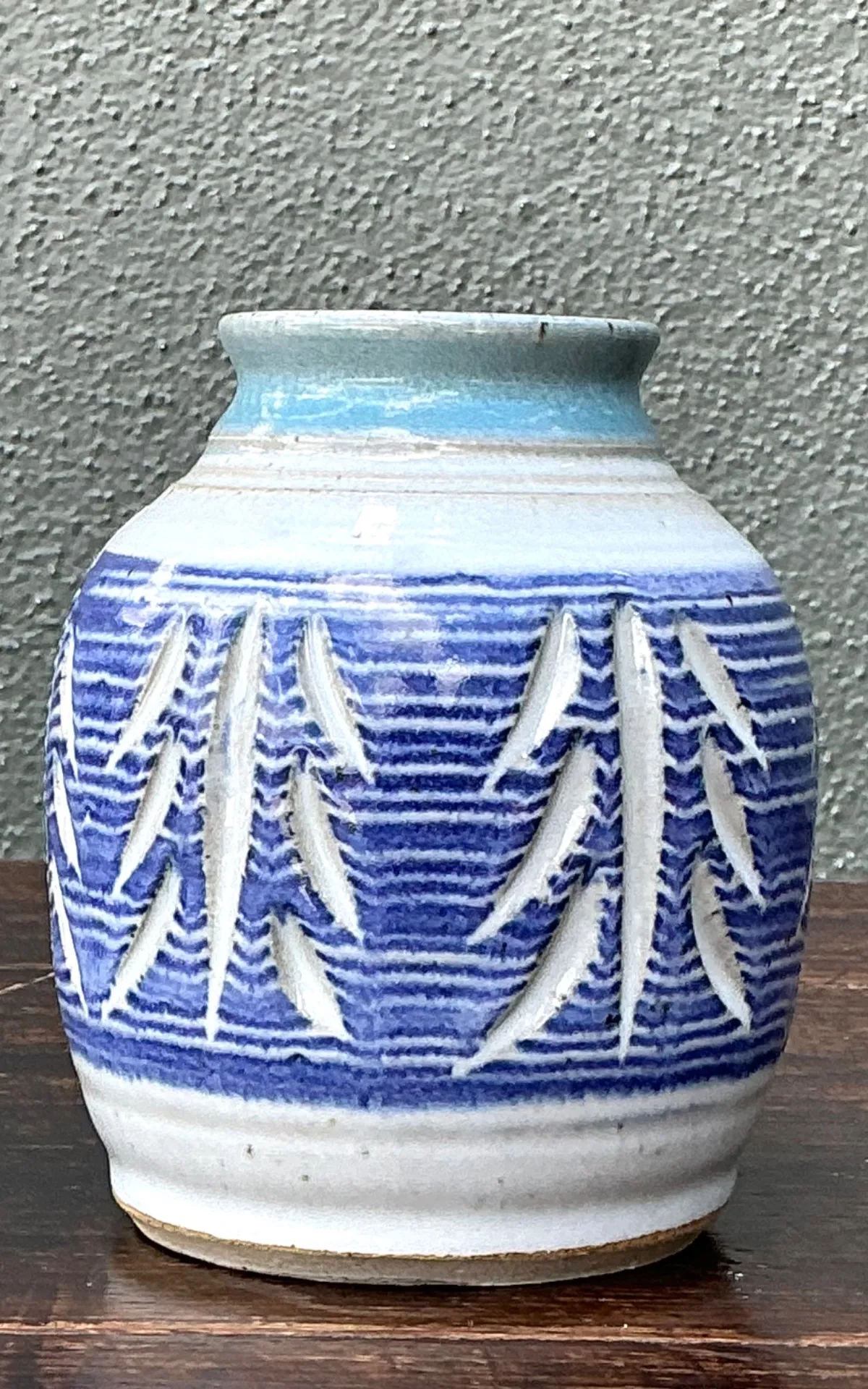 Handcrafted Blue Ceramic Leaf Motif Vase — additional photo 6