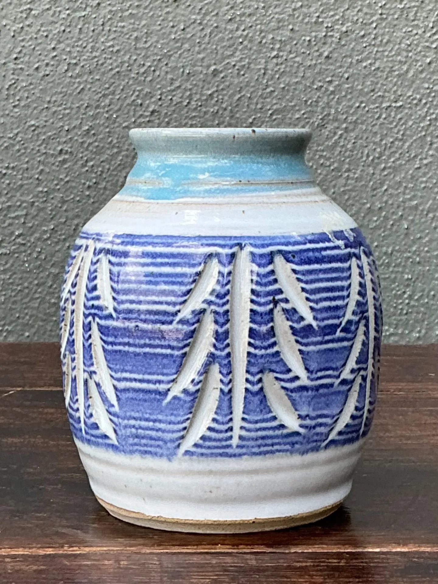Handcrafted Blue Ceramic Leaf Motif Vase — additional photo 4