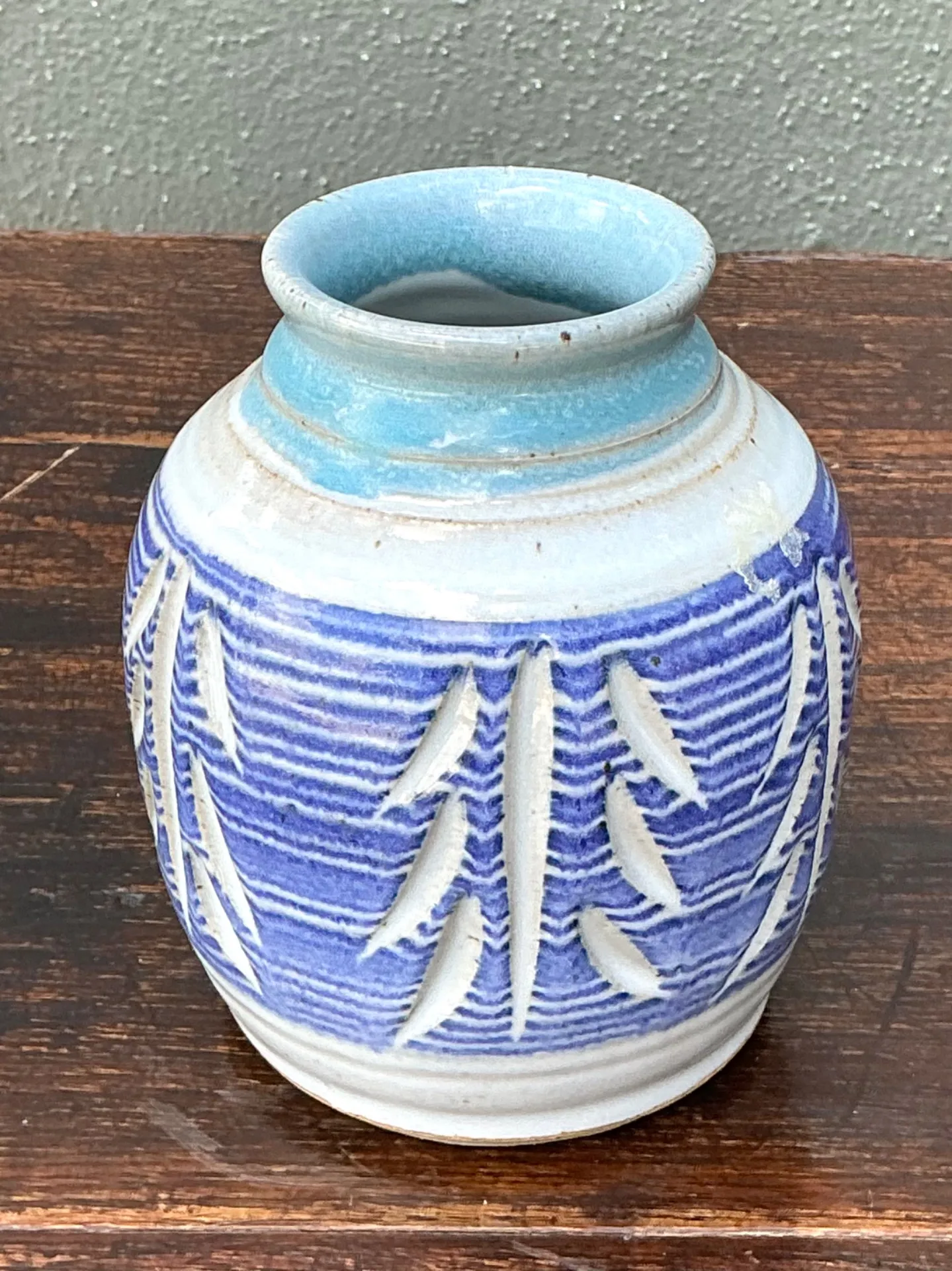 Handcrafted Blue Ceramic Leaf Motif Vase — additional photo 7
