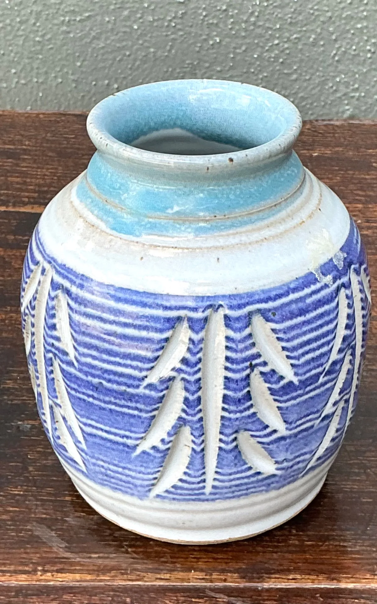 Handcrafted Blue Ceramic Leaf Motif Vase — additional photo 7