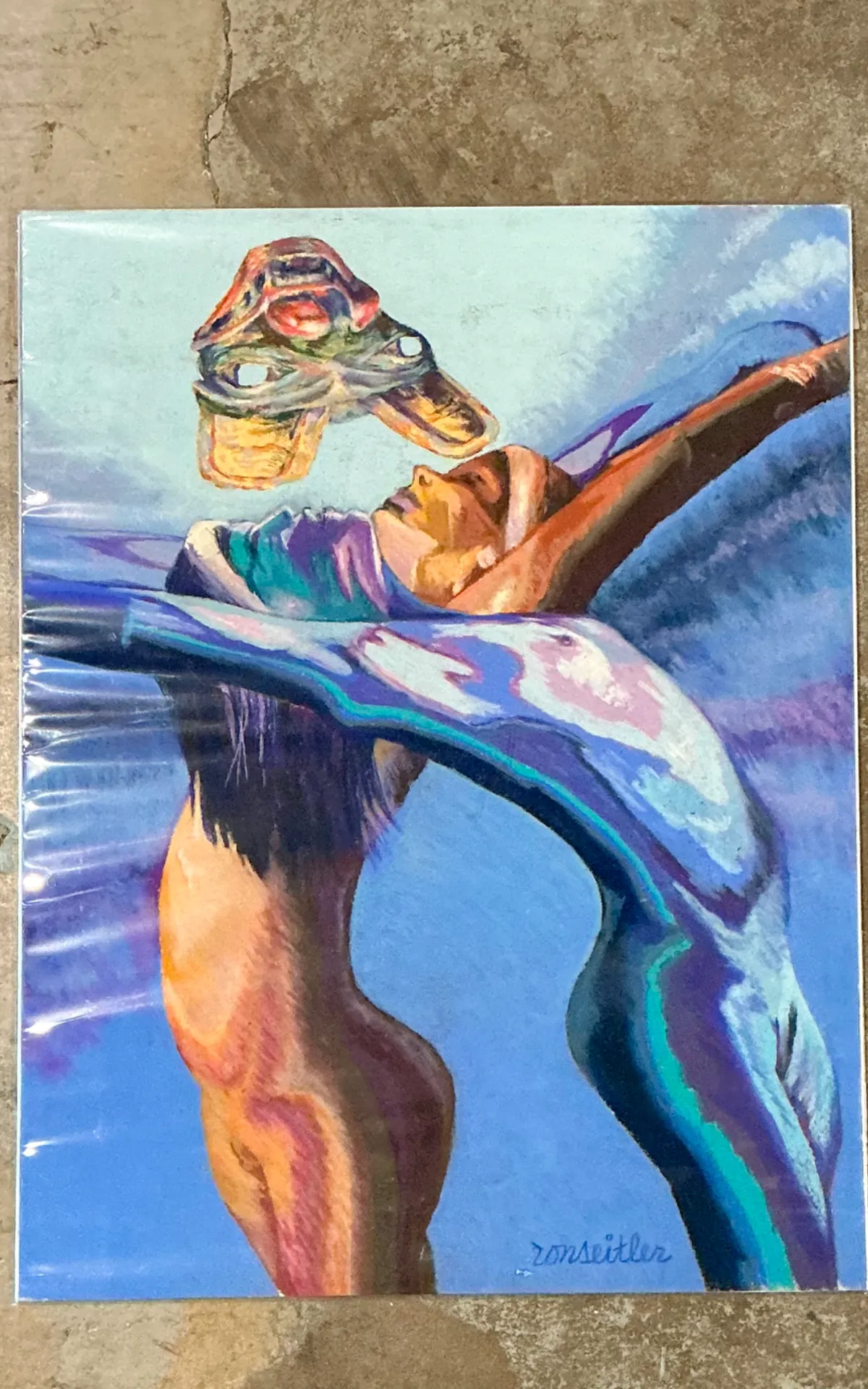 Vintage Ron Seitler Figurative Oil Crayon Drawing