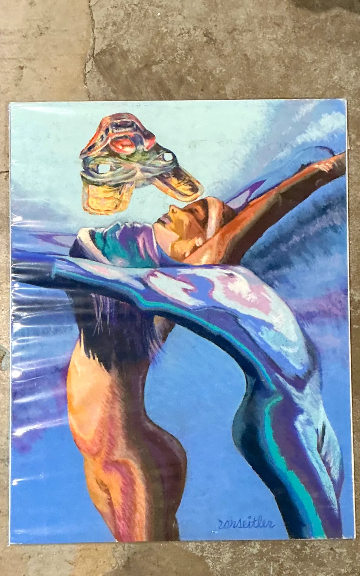 Vintage Ron Seitler Figurative Oil Crayon Drawing — additional photo 2