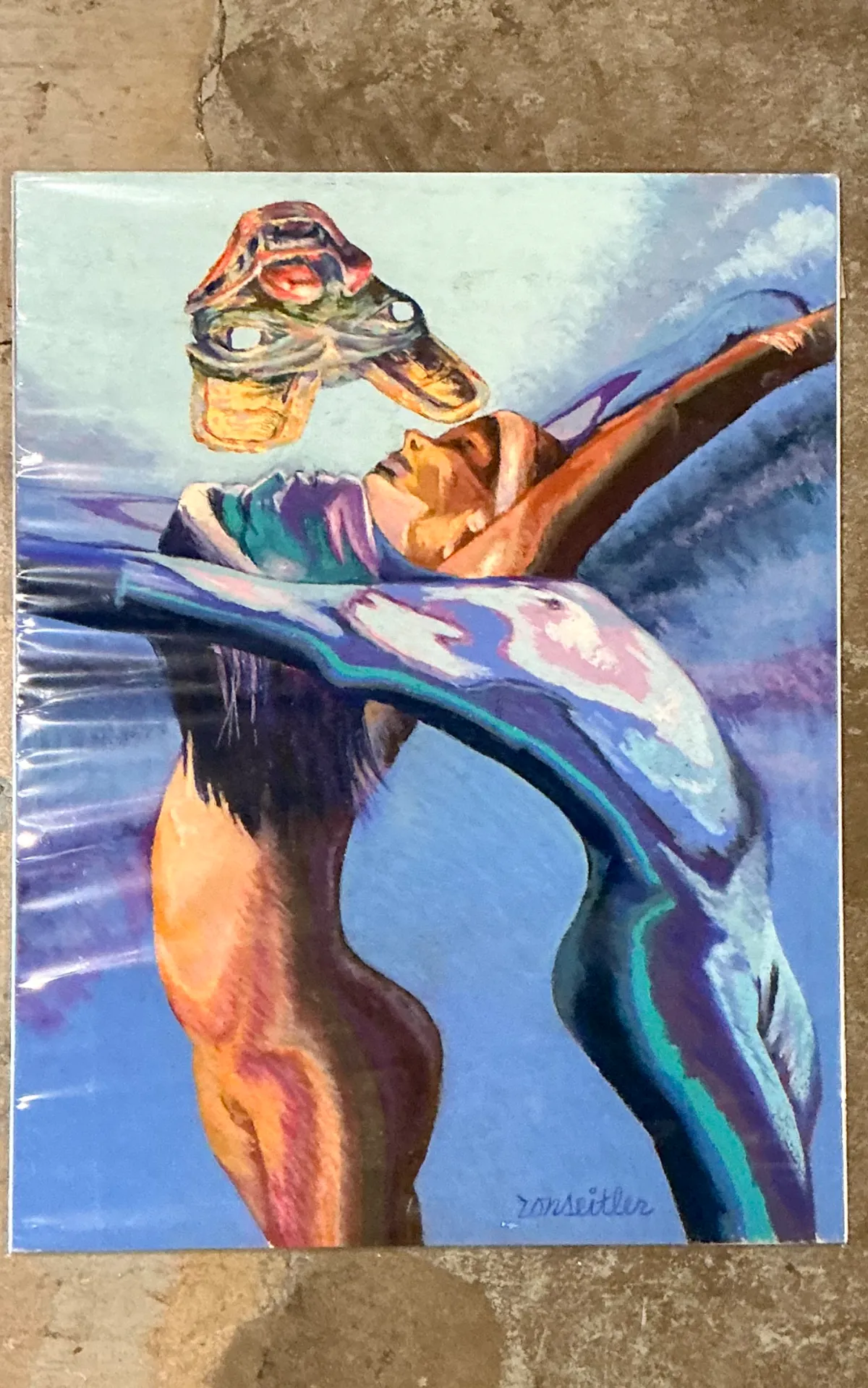 Vintage Ron Seitler Figurative Oil Crayon Drawing — additional photo 3