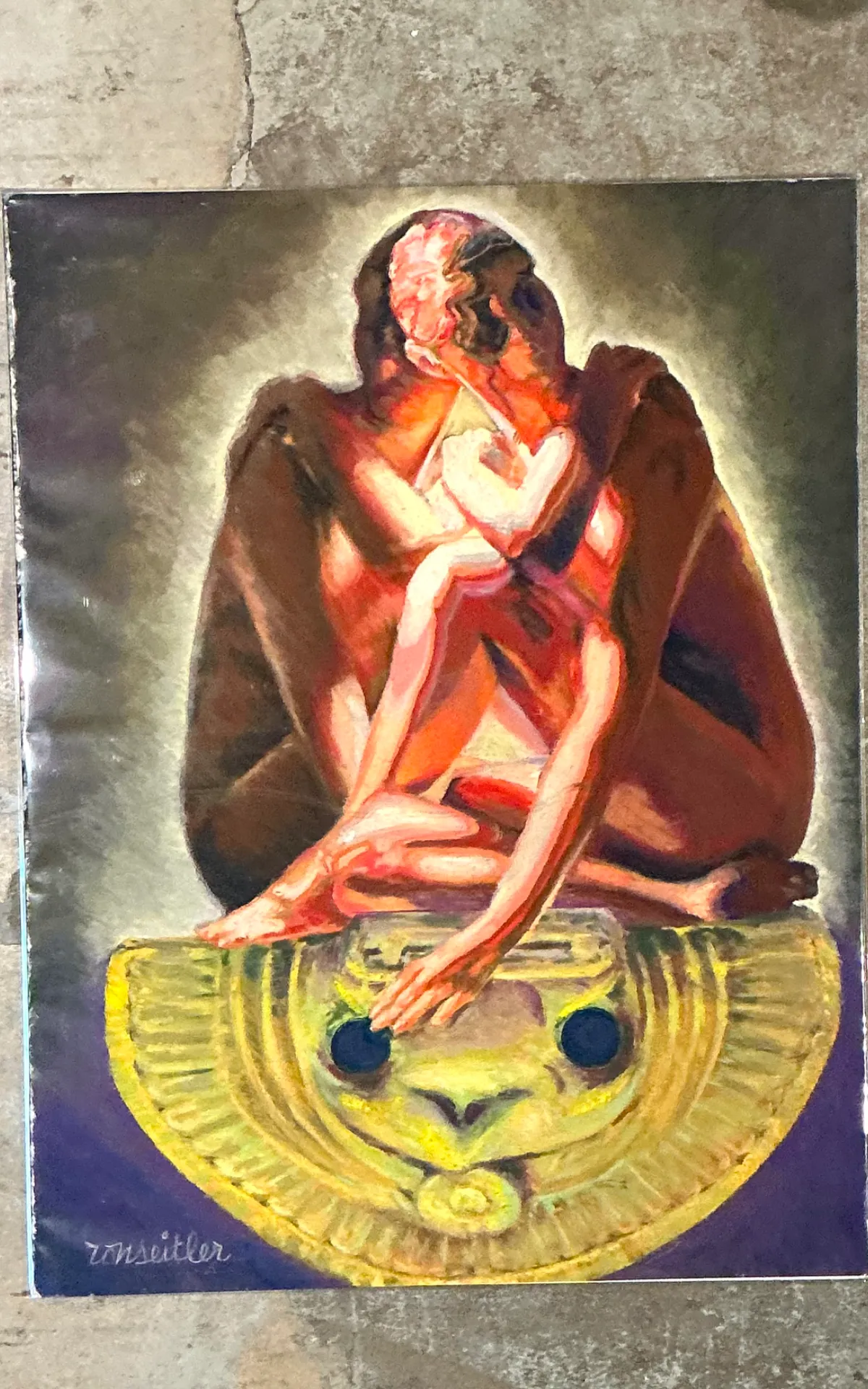 Vintage Ron Seitler Figurative Oil Crayon Drawing