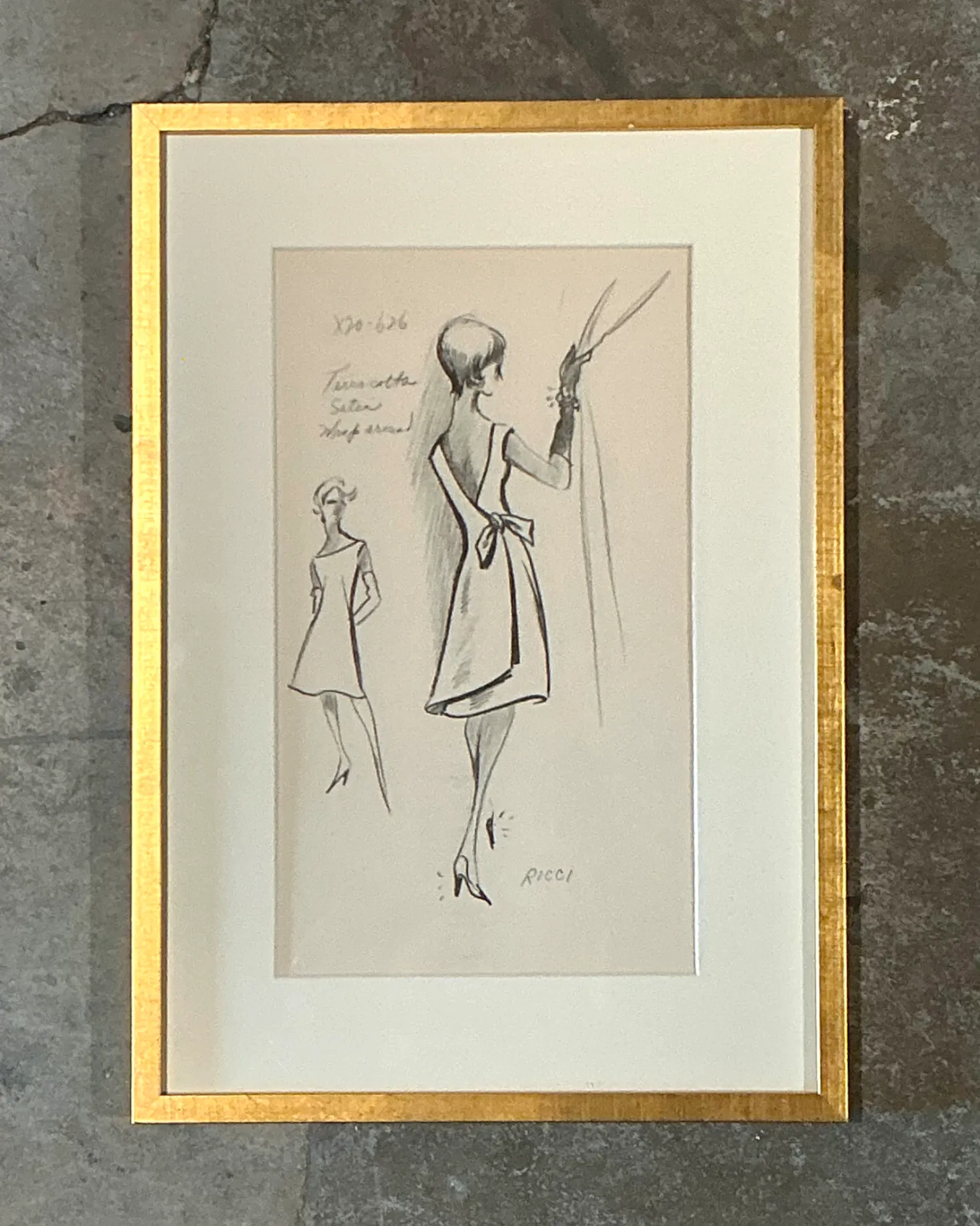 Vintage Nina Ricci Fashion Sketch in Gold Frame — additional photo 7
