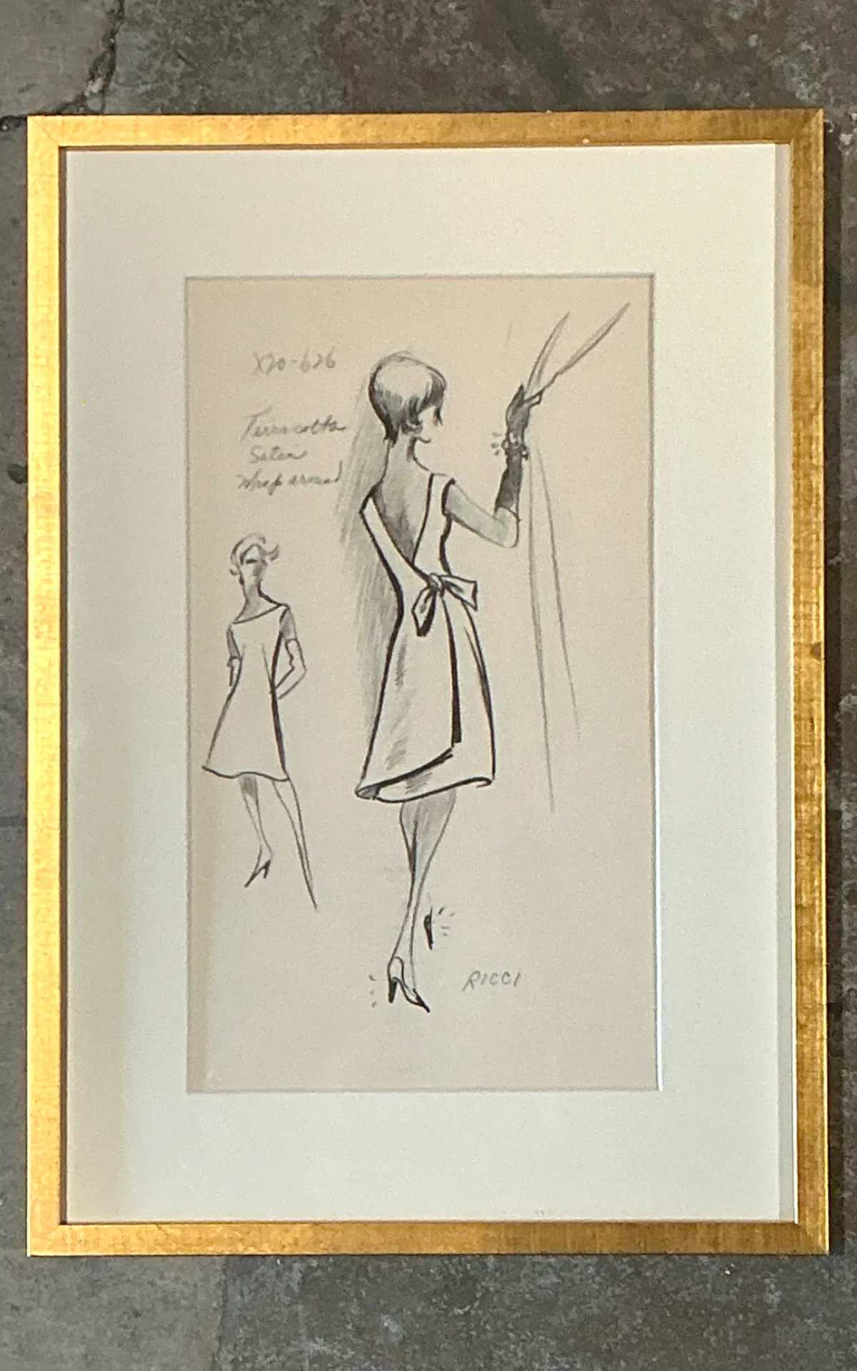 Vintage Nina Ricci Fashion Sketch in Gold Frame — additional photo 7