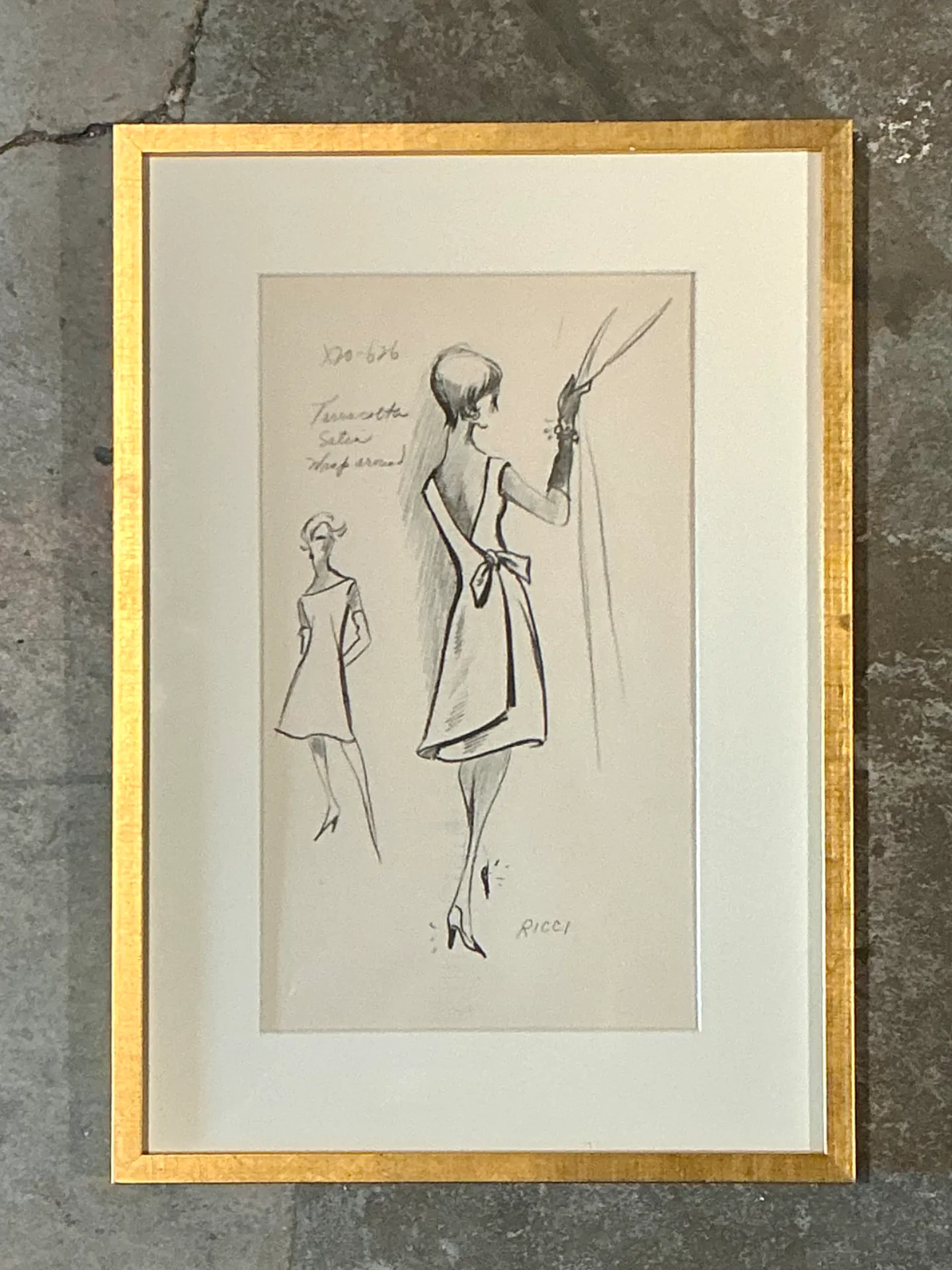 Vintage Nina Ricci Fashion Sketch in Gold Frame — additional photo 2