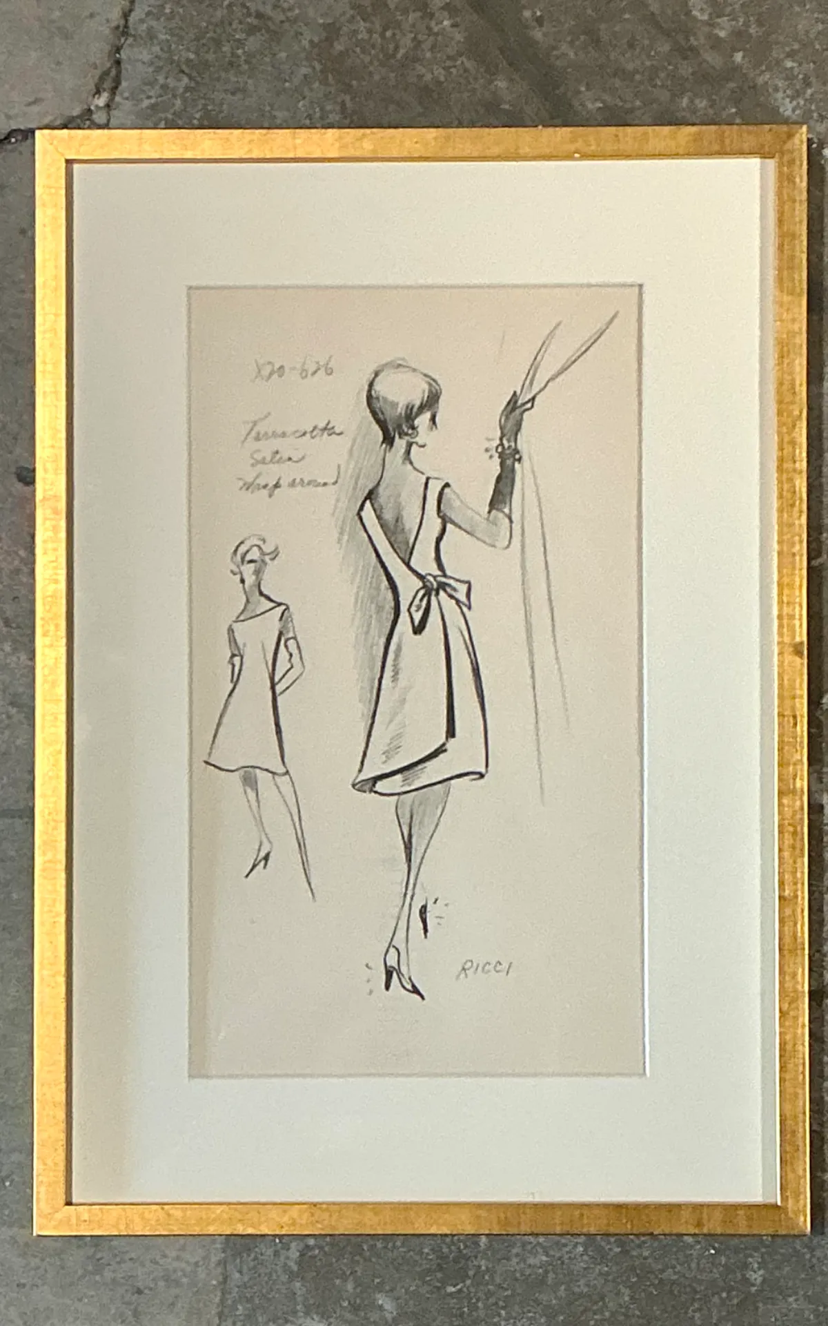 Vintage Nina Ricci Fashion Sketch in Gold Frame — additional photo 2