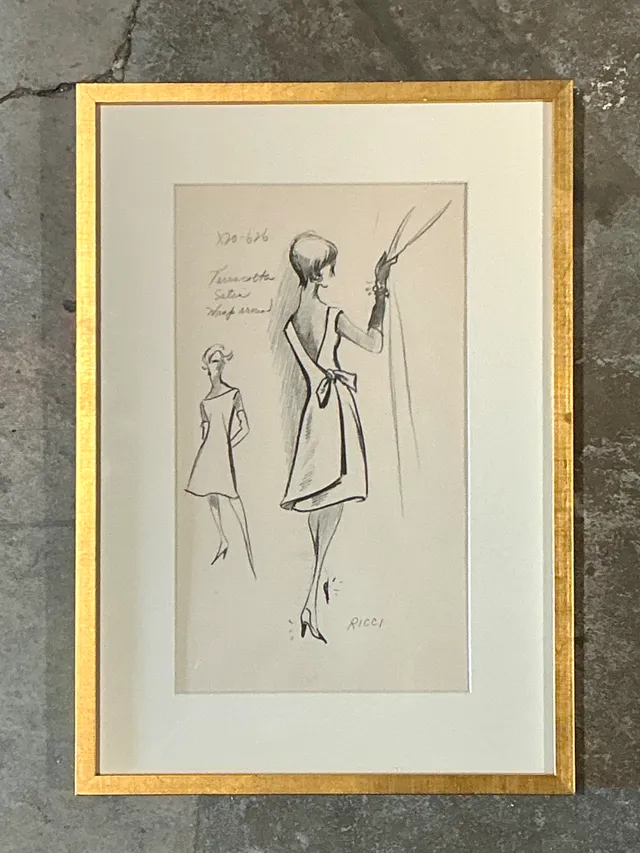 Vintage Nina Ricci Fashion Sketch in Gold Frame — additional photo 2