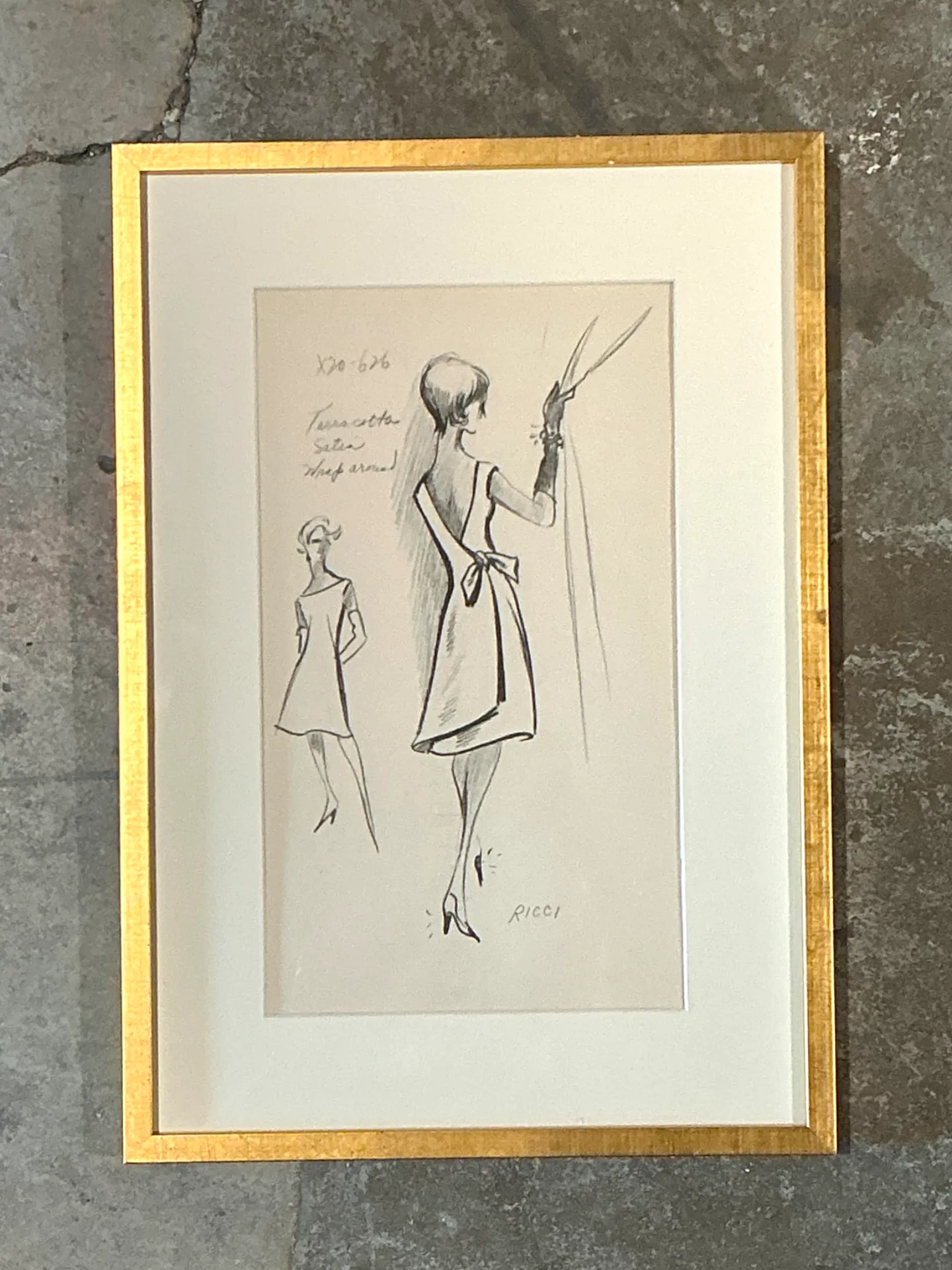 Vintage Nina Ricci Fashion Sketch in Gold Frame — additional photo 5