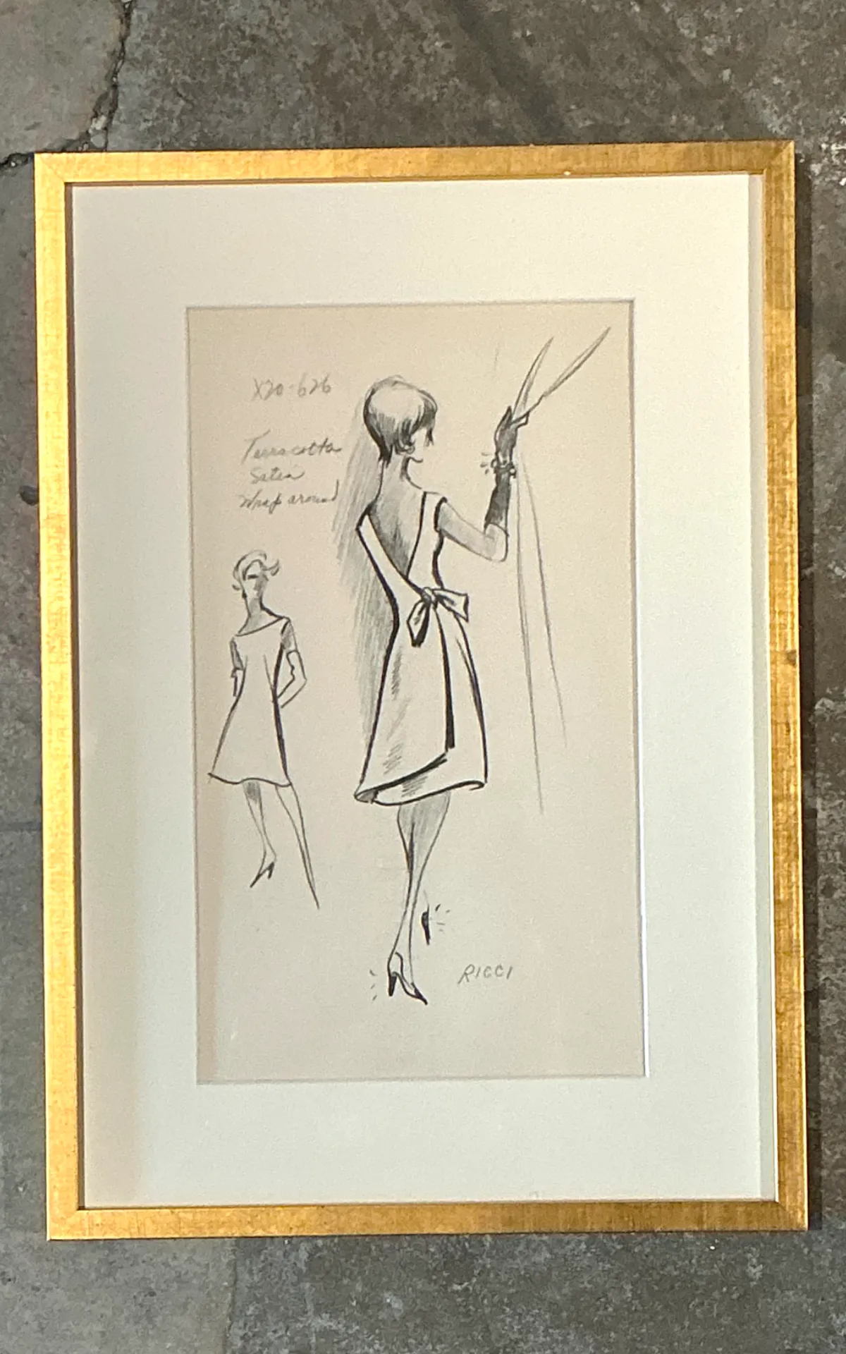 Vintage Nina Ricci Fashion Sketch in Gold Frame — additional photo 5