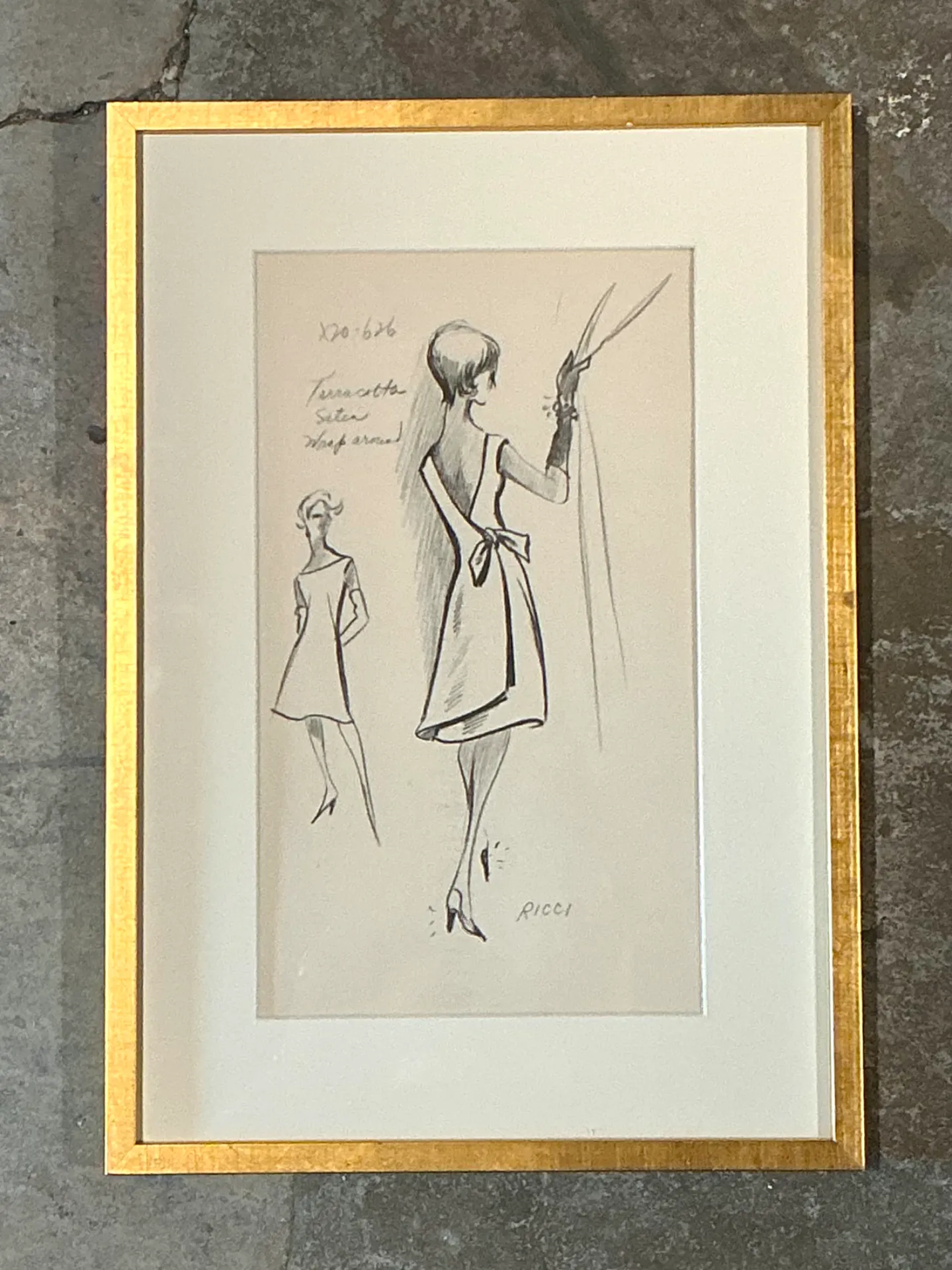 Vintage Nina Ricci Fashion Sketch in Gold Frame — additional photo 6