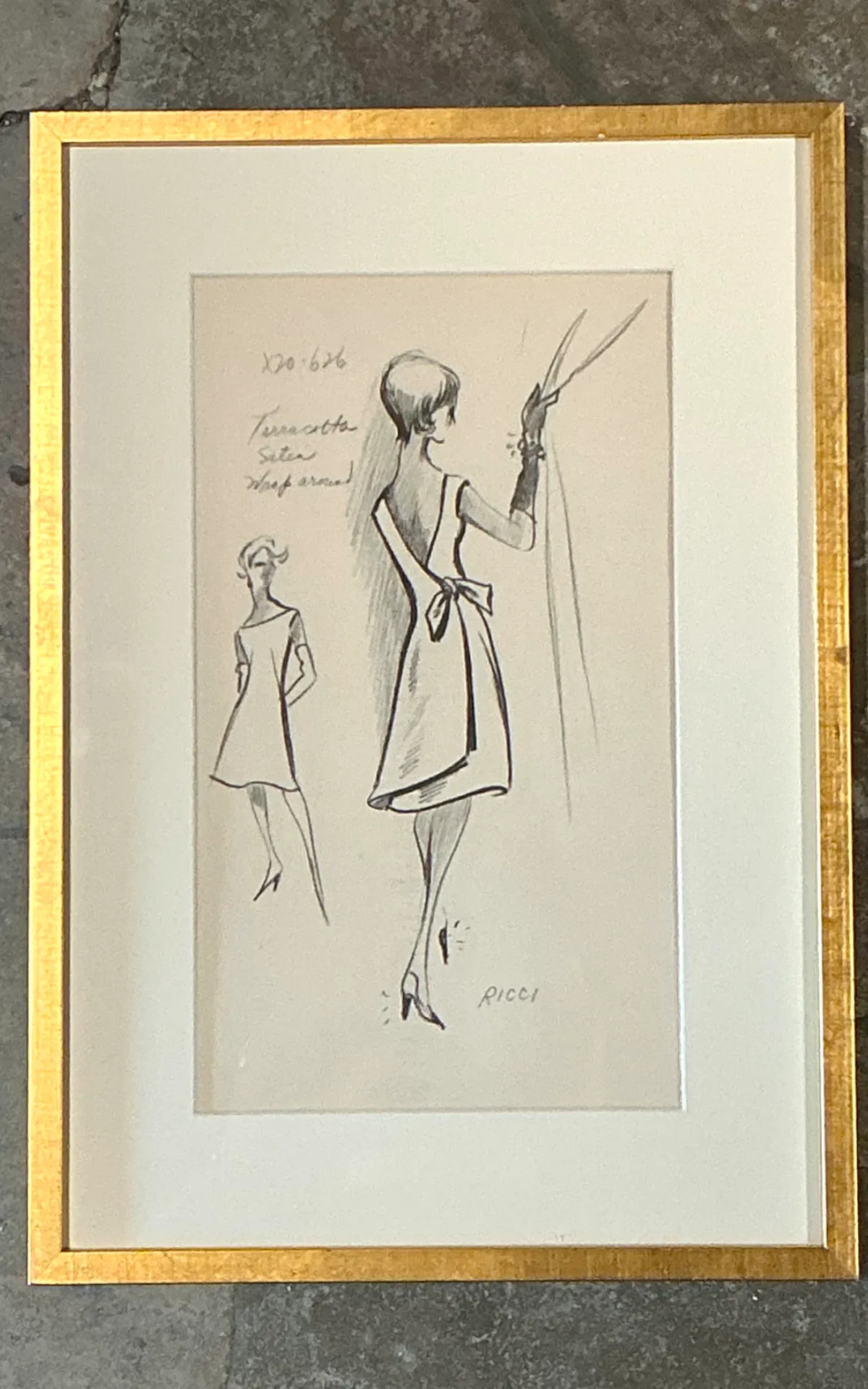 Vintage Nina Ricci Fashion Sketch in Gold Frame — additional photo 6