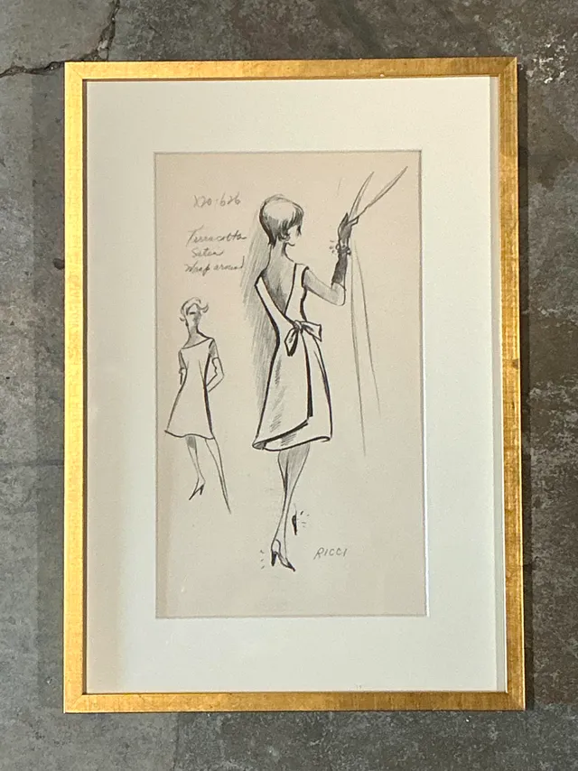Vintage Nina Ricci Fashion Sketch in Gold Frame — additional photo 6