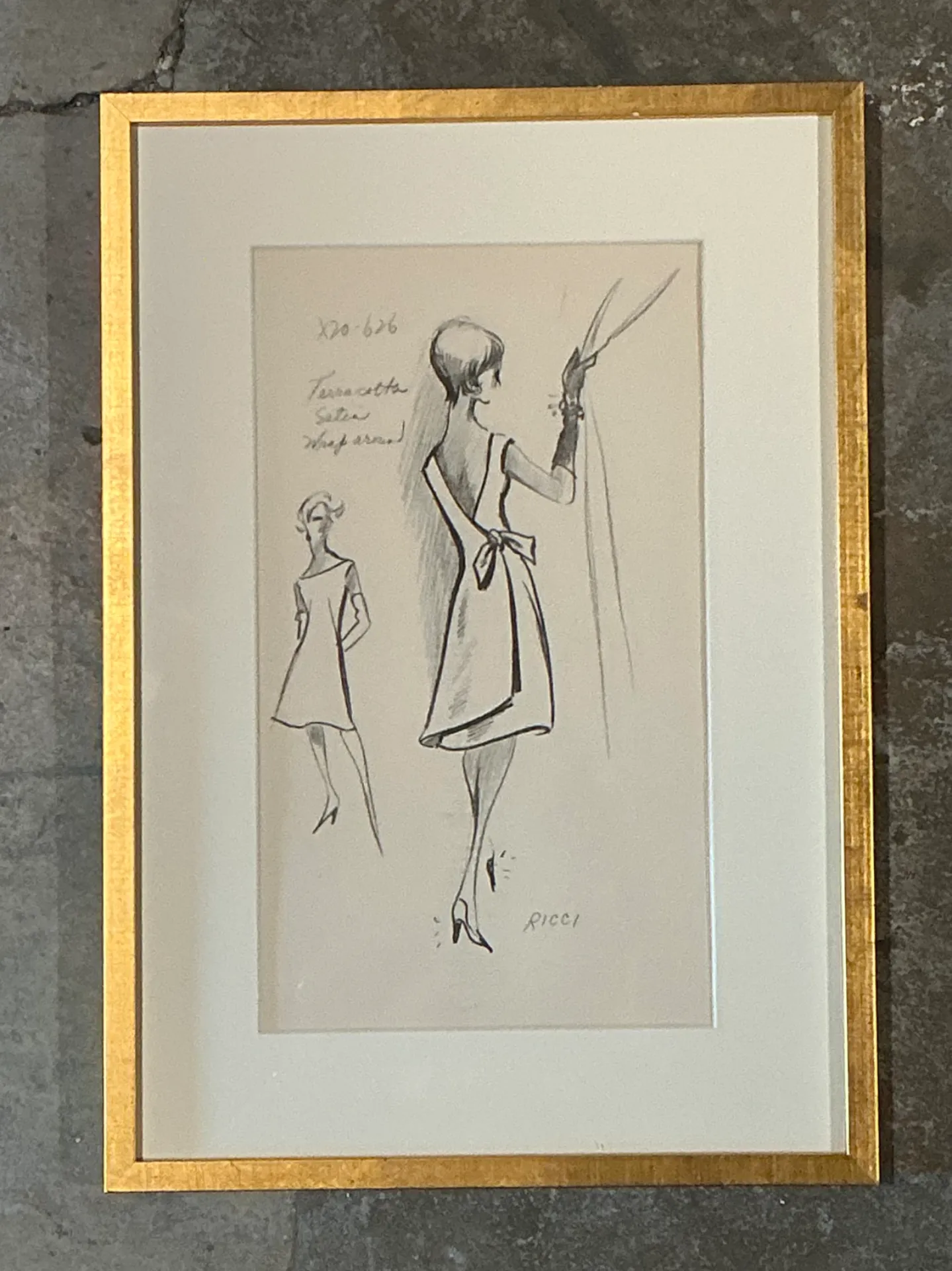 Vintage Nina Ricci Fashion Sketch in Gold Frame — additional photo 4