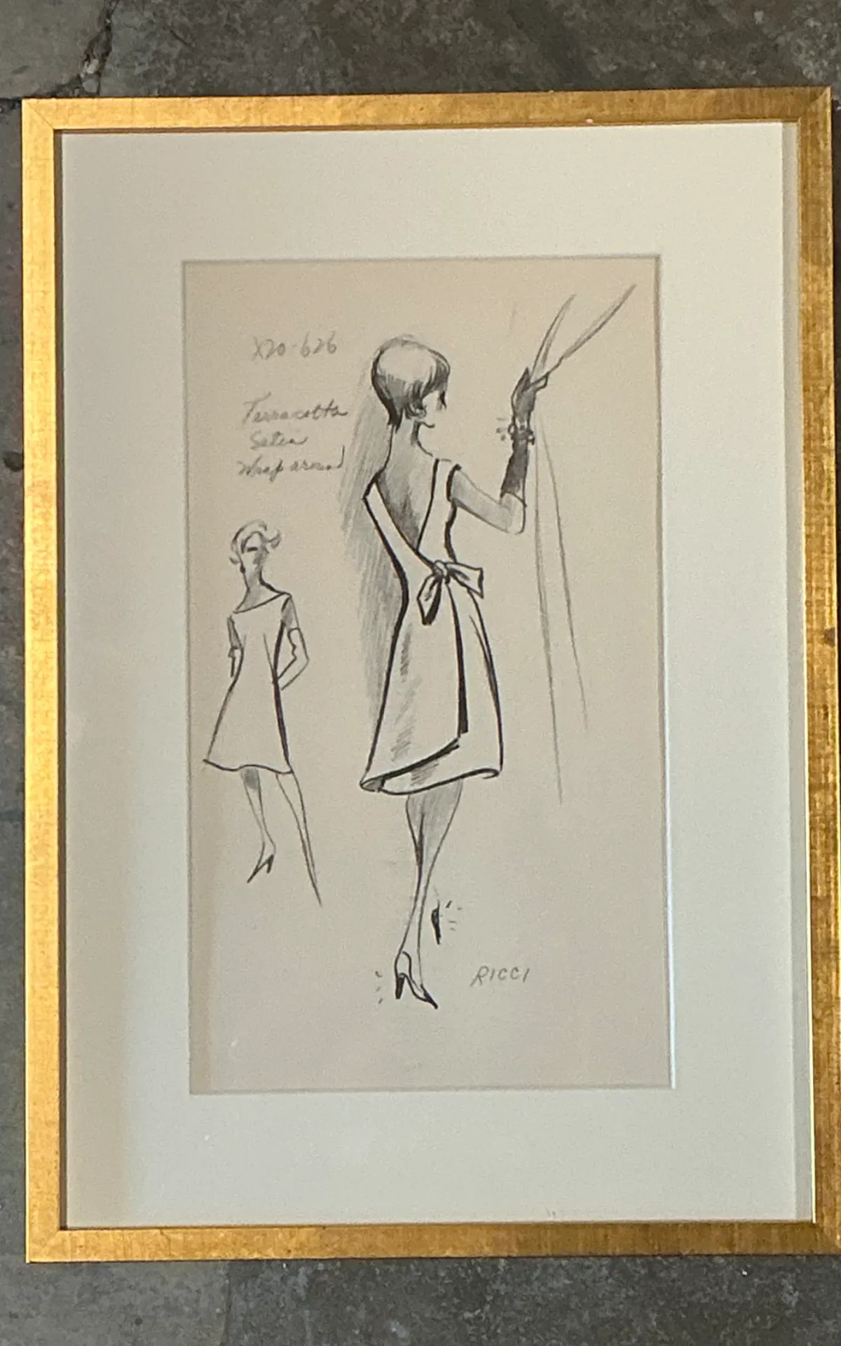 Vintage Nina Ricci Fashion Sketch in Gold Frame — additional photo 4