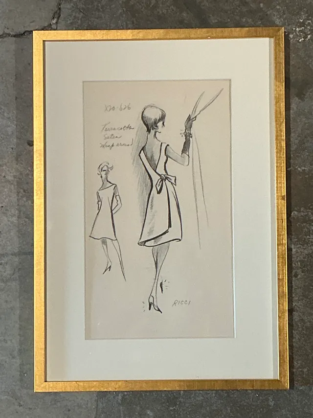 Vintage Nina Ricci Fashion Sketch in Gold Frame — additional photo 4