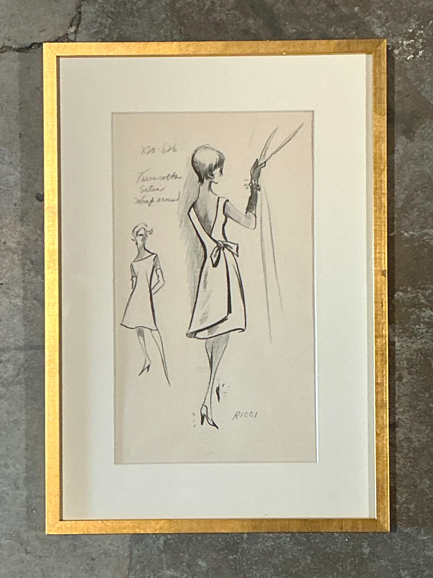 Vintage Nina Ricci Fashion Sketch in Gold Frame — additional photo 1