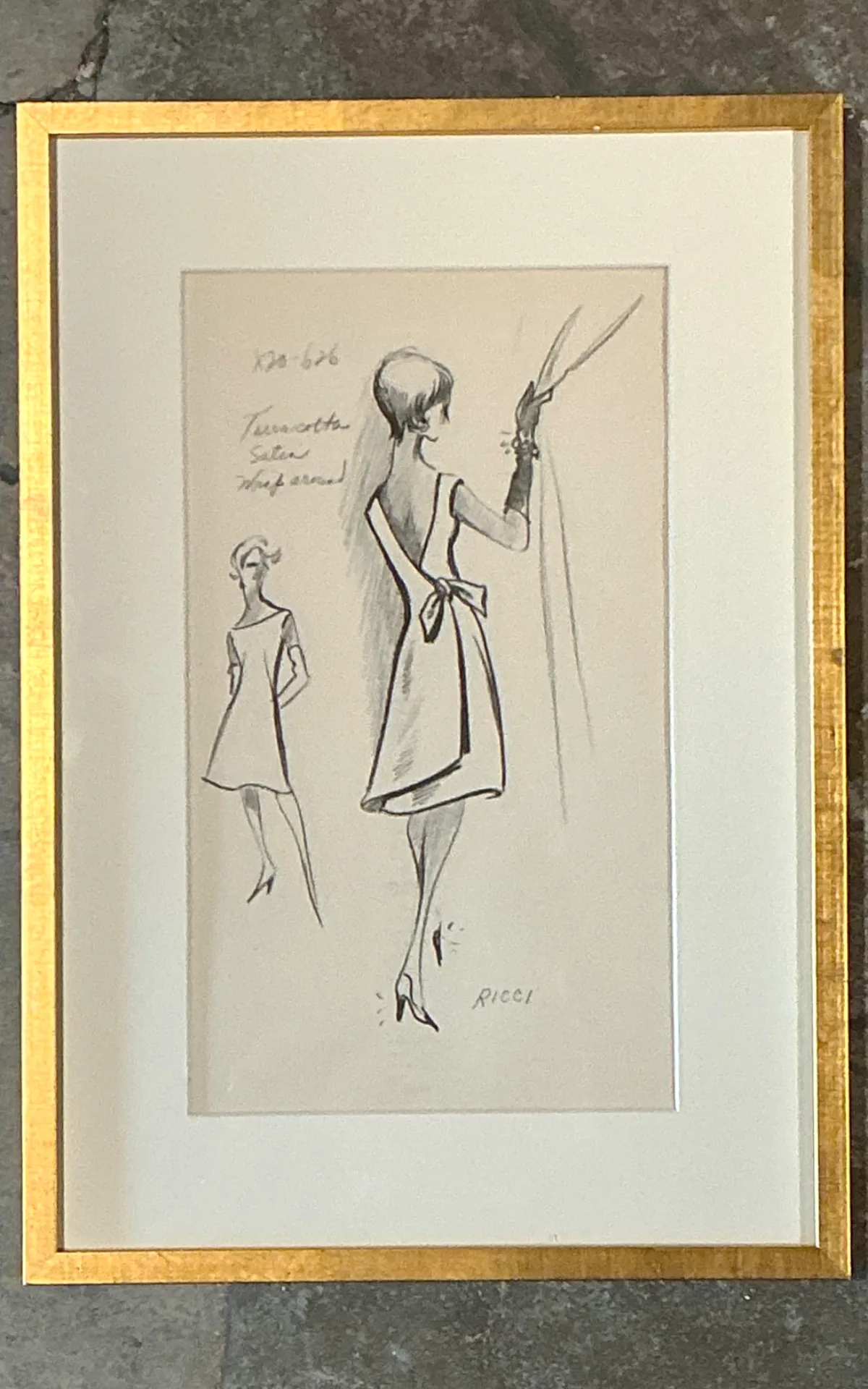Vintage Nina Ricci Fashion Sketch in Gold Frame