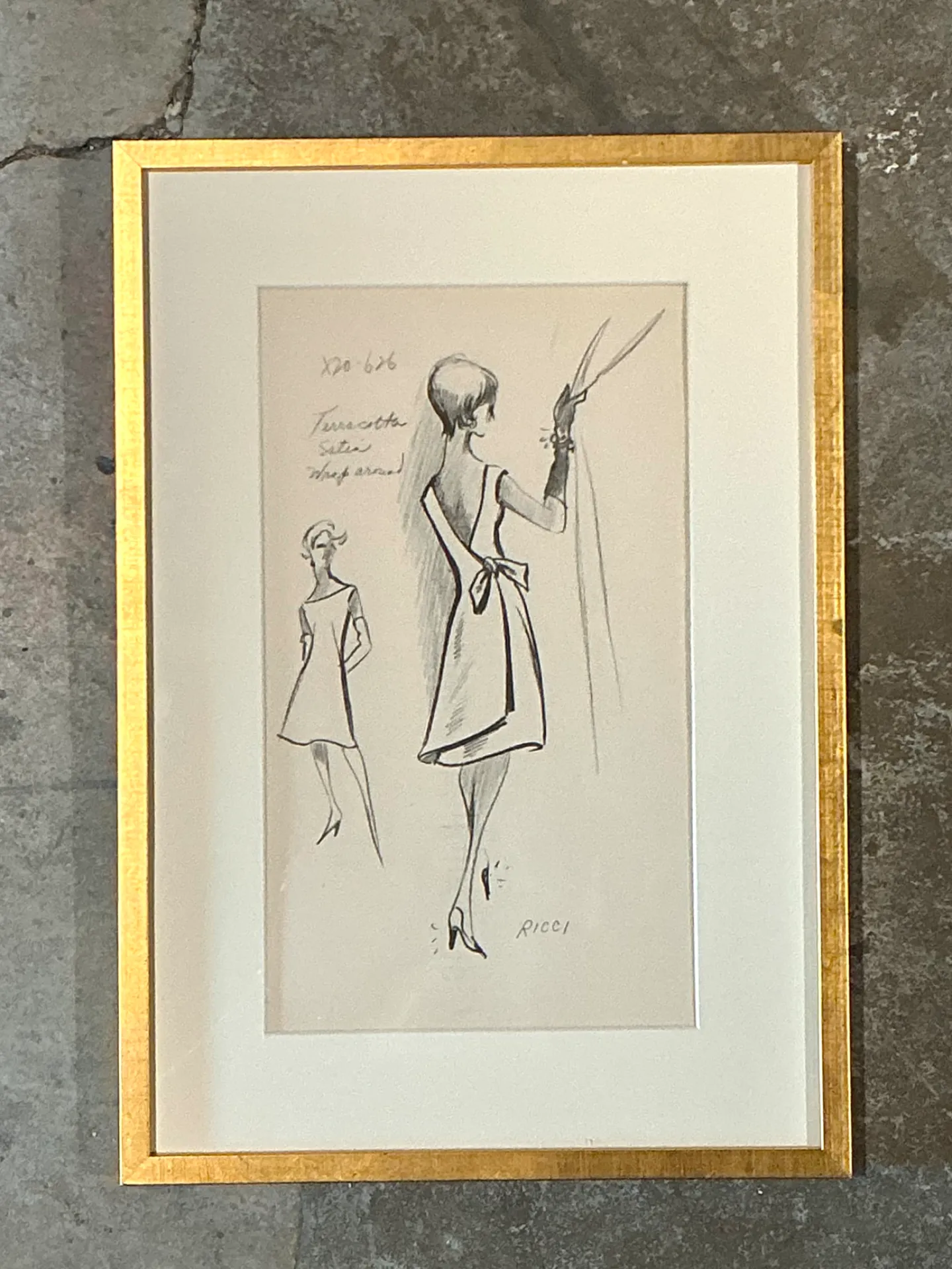 Vintage Nina Ricci Fashion Sketch in Gold Frame — additional photo 3