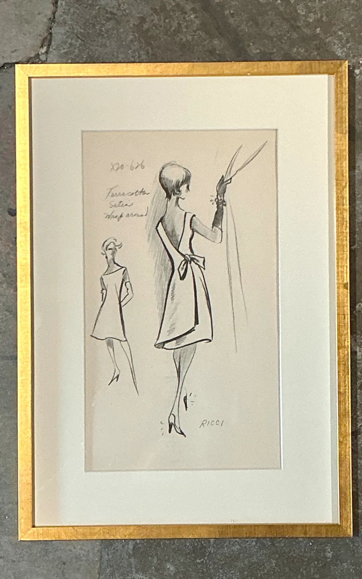 Vintage Nina Ricci Fashion Sketch in Gold Frame — additional photo 3