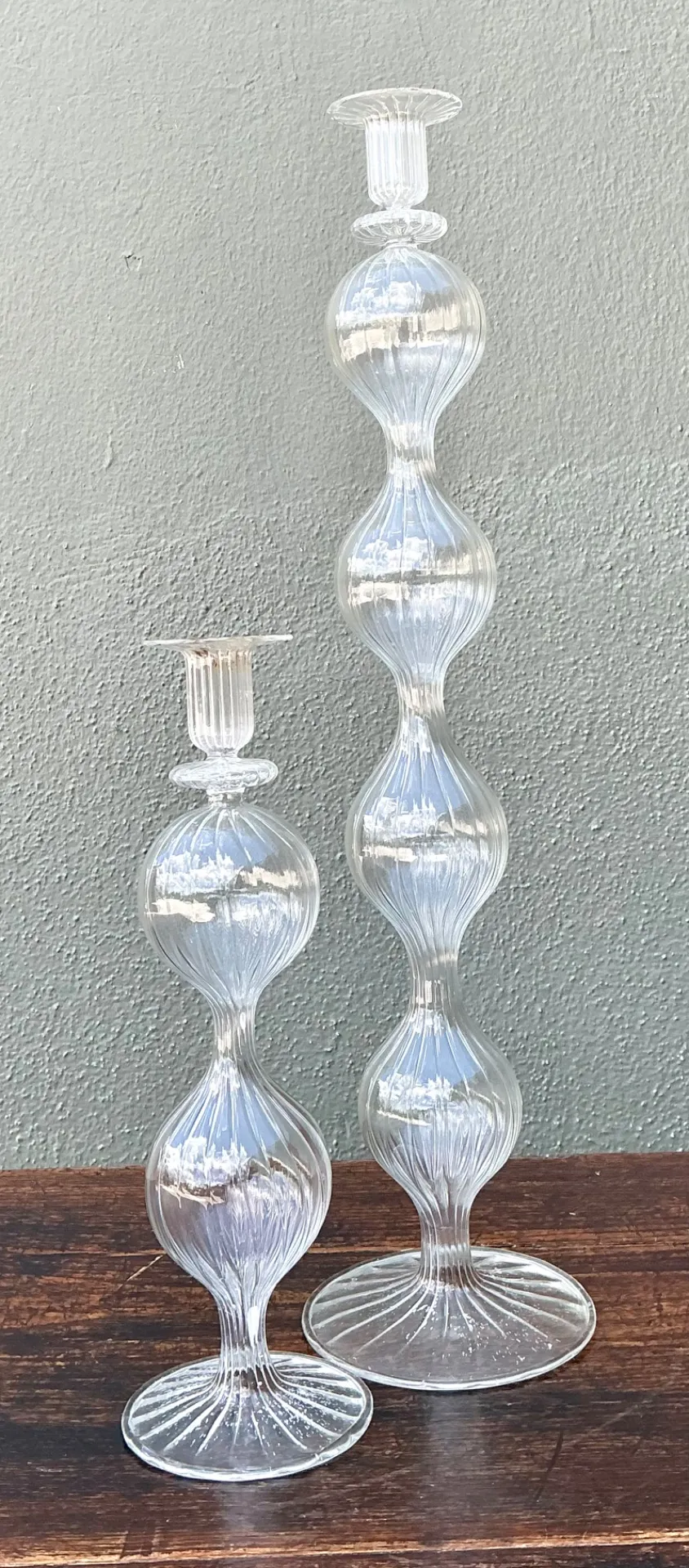Vintage Ribbed Glass Candlestick Set