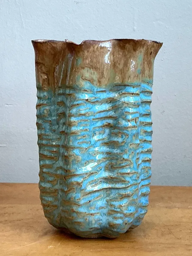 Vintage Textured Blue Ceramic Vase — additional photo 5