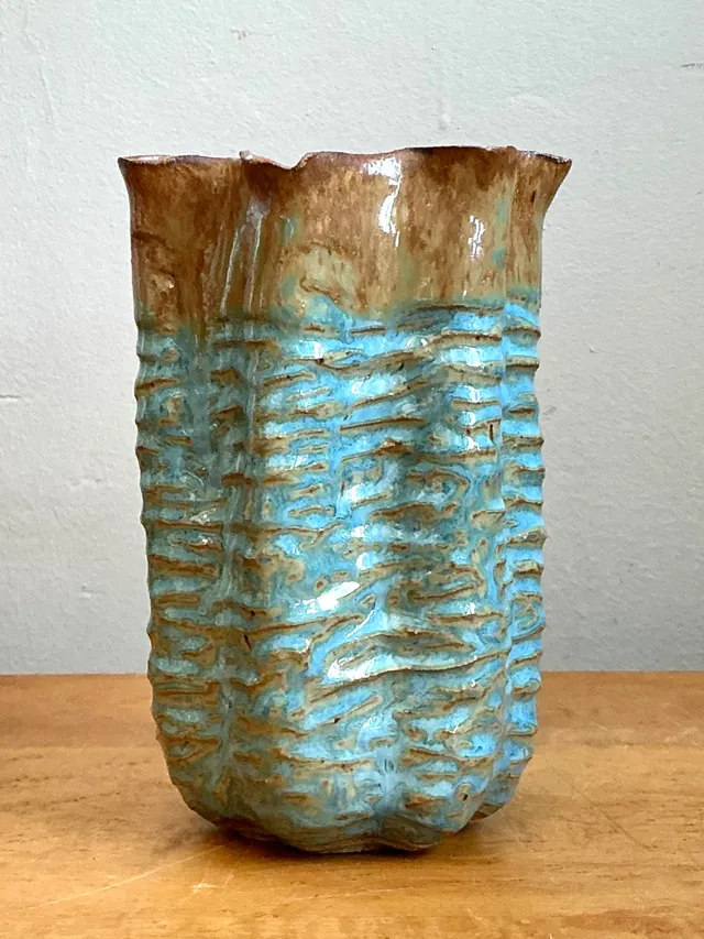 Vintage Textured Blue Ceramic Vase — additional photo 8
