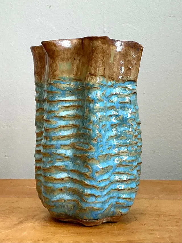 Vintage Textured Blue Ceramic Vase — additional photo 4