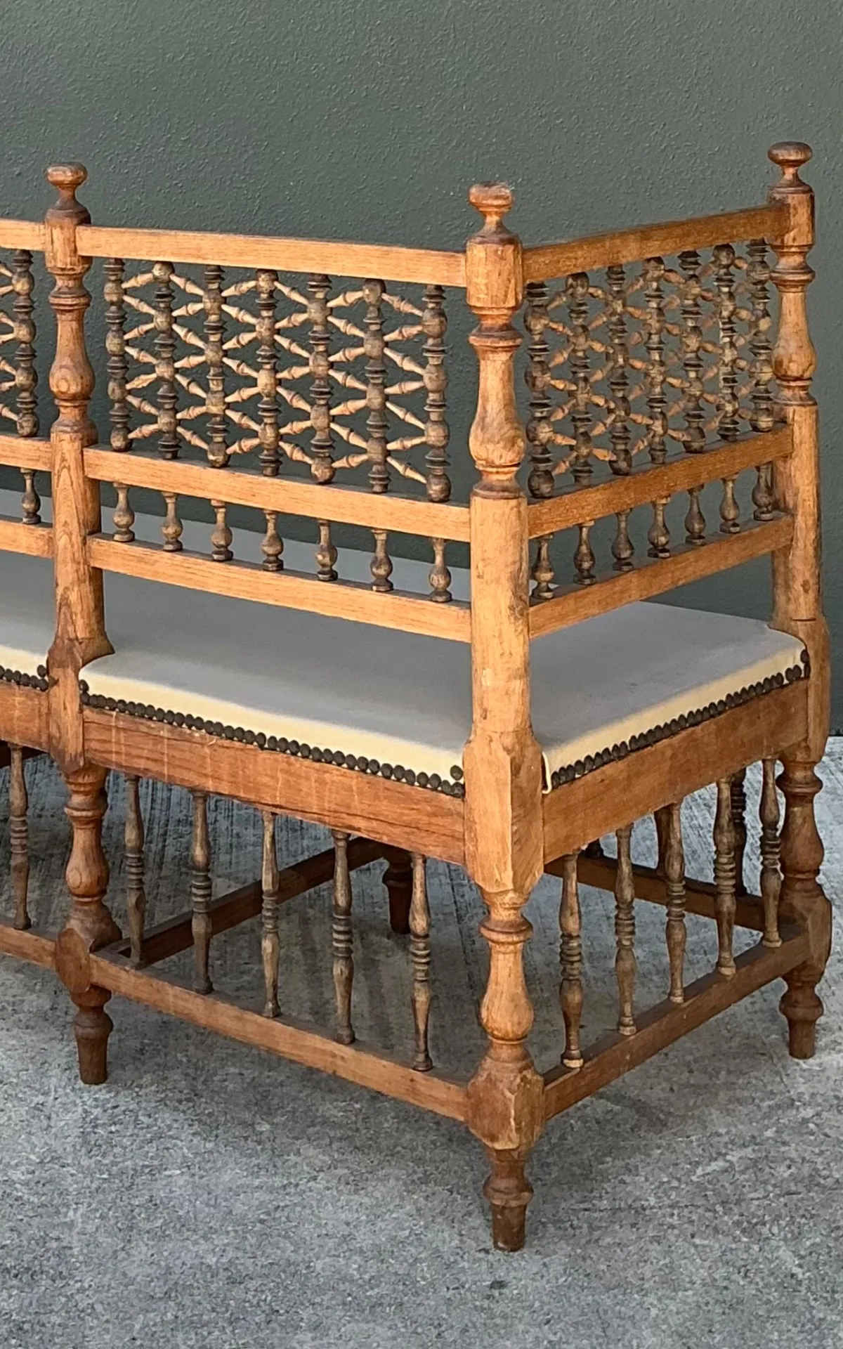 Vintage Carved Wood Spindle Bench