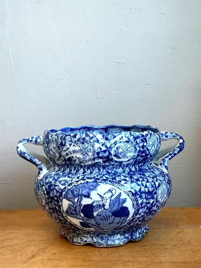 Vintage Blue and White Ceramic Jardiniere — additional photo 2