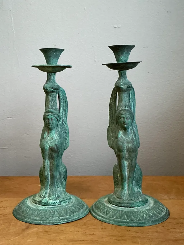 Vintage Patinated Metal Winged Sphinx Candelabras - Pair — additional photo 6