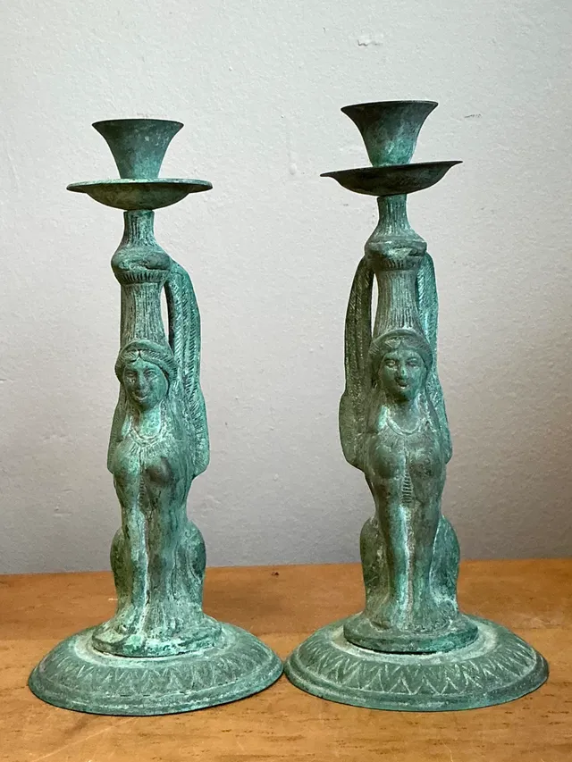 Vintage Patinated Metal Winged Sphinx Candelabras - Pair — additional photo 7