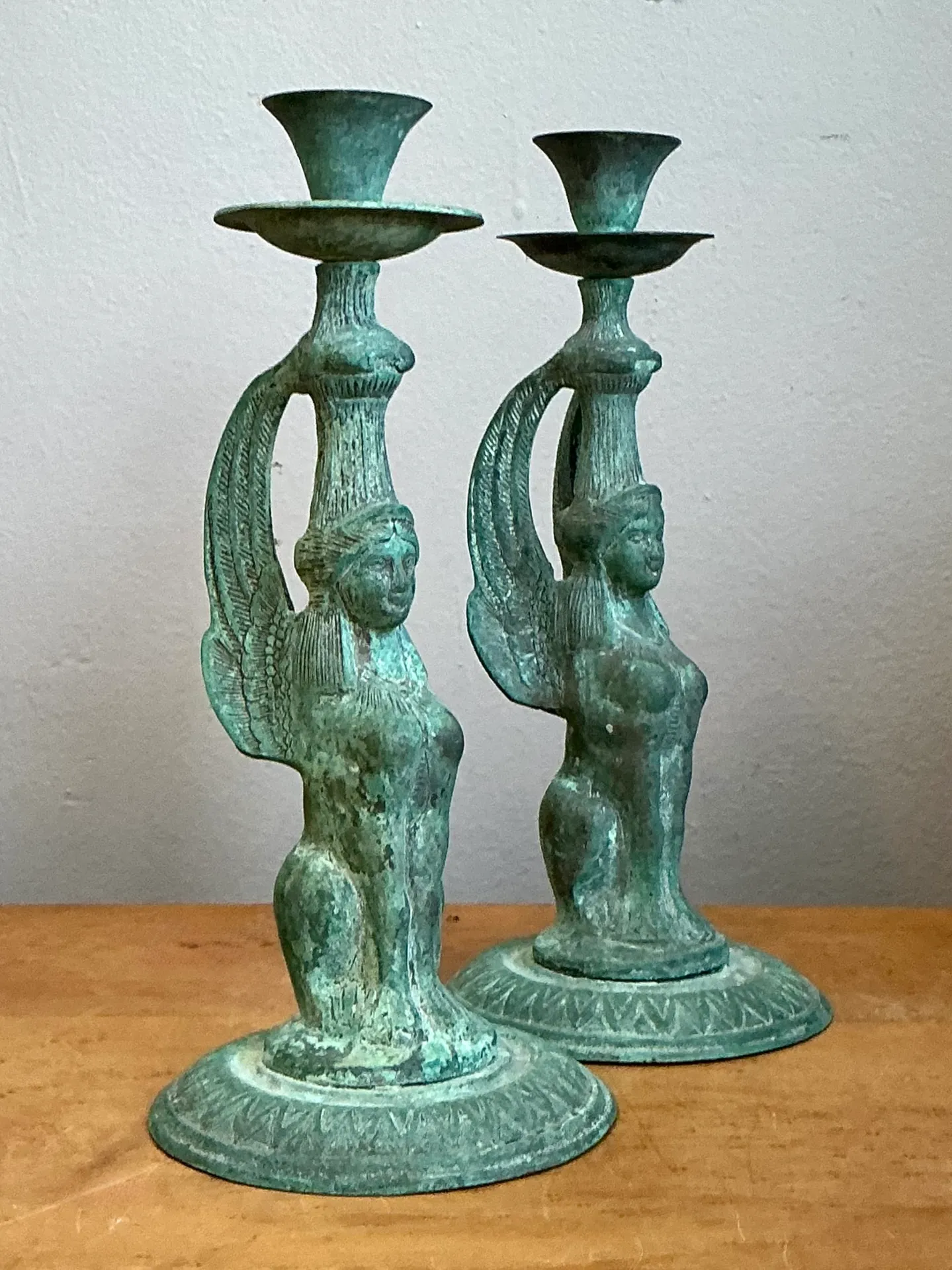Vintage Patinated Metal Winged Sphinx Candelabras - Pair — additional photo 2