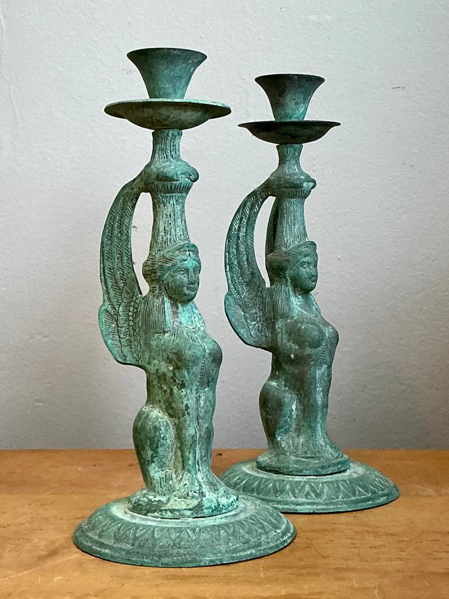 Vintage Patinated Metal Winged Sphinx Candelabras - Pair — additional photo 5