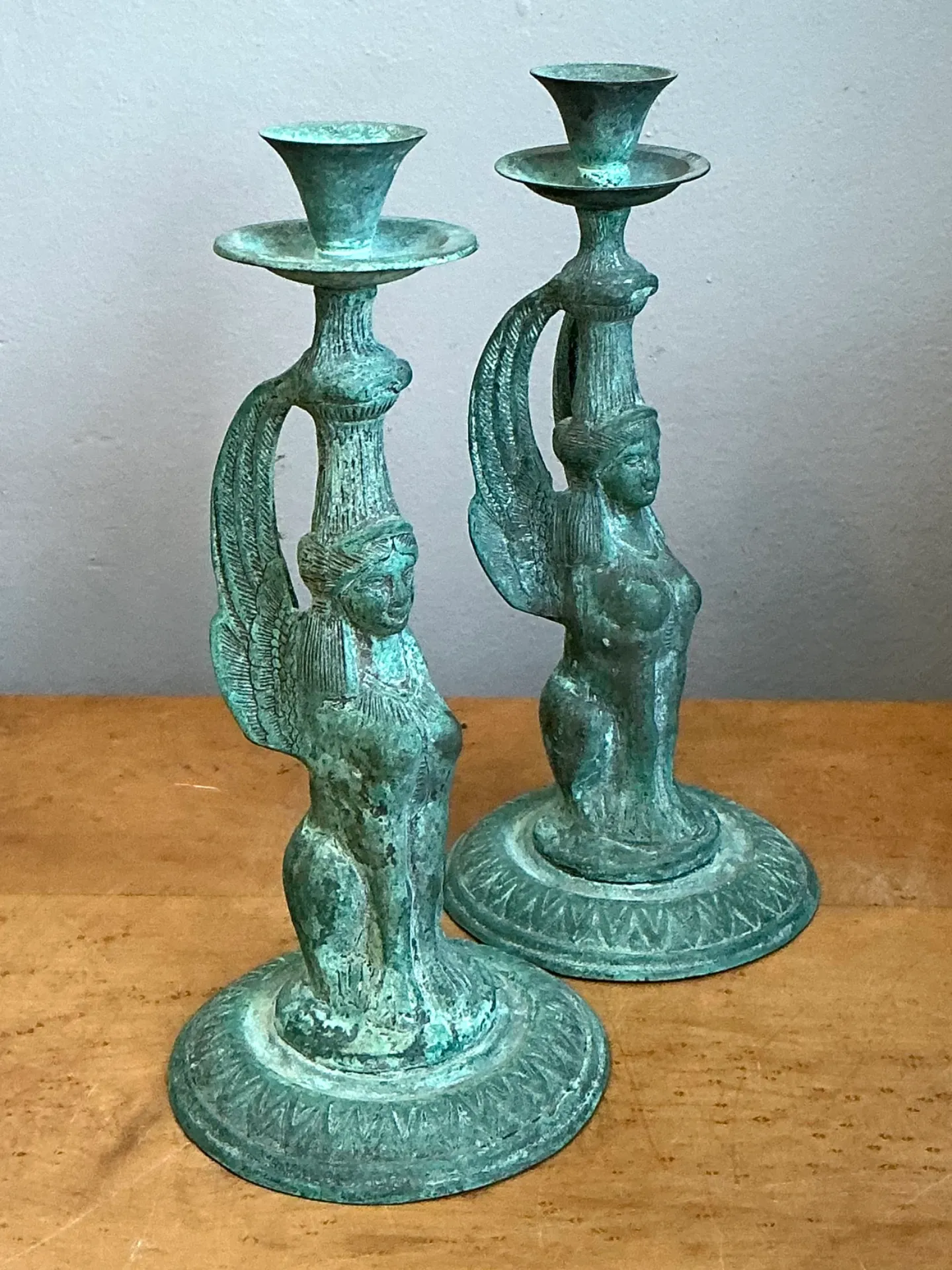 Vintage Patinated Metal Winged Sphinx Candelabras - Pair — additional photo 8