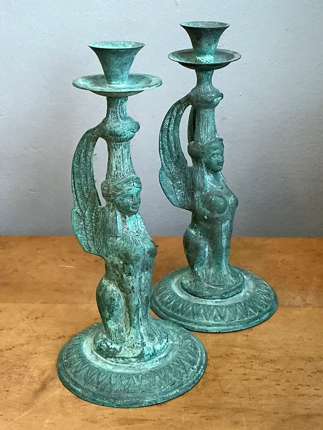 Vintage Patinated Metal Winged Sphinx Candelabras - Pair — additional photo 8