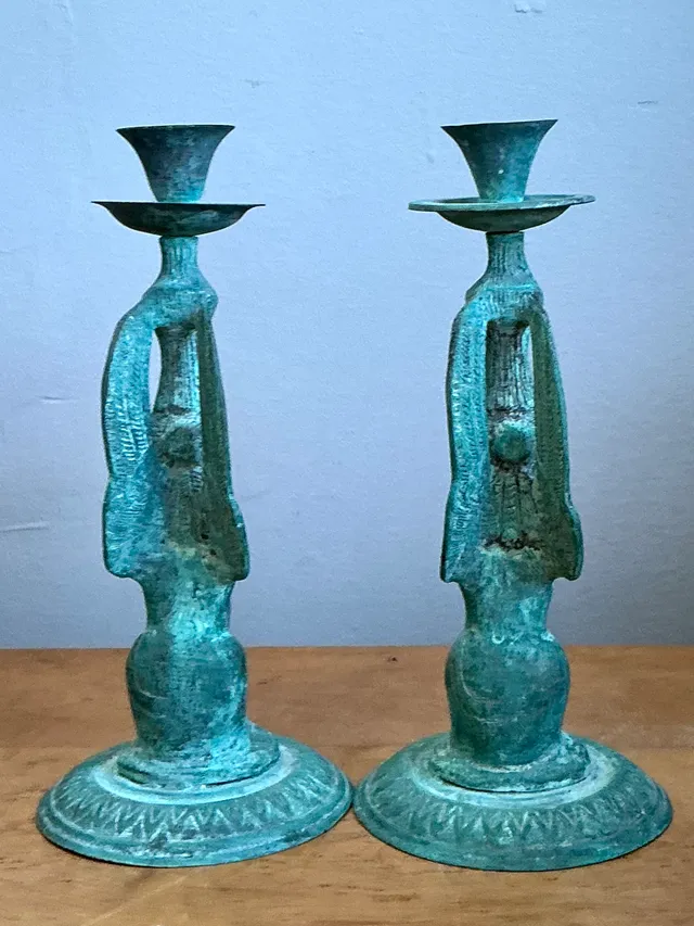 Vintage Patinated Metal Winged Sphinx Candelabras - Pair — additional photo 1