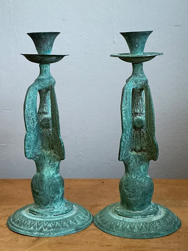 Vintage Patinated Metal Winged Sphinx Candelabras - Pair — additional photo 3