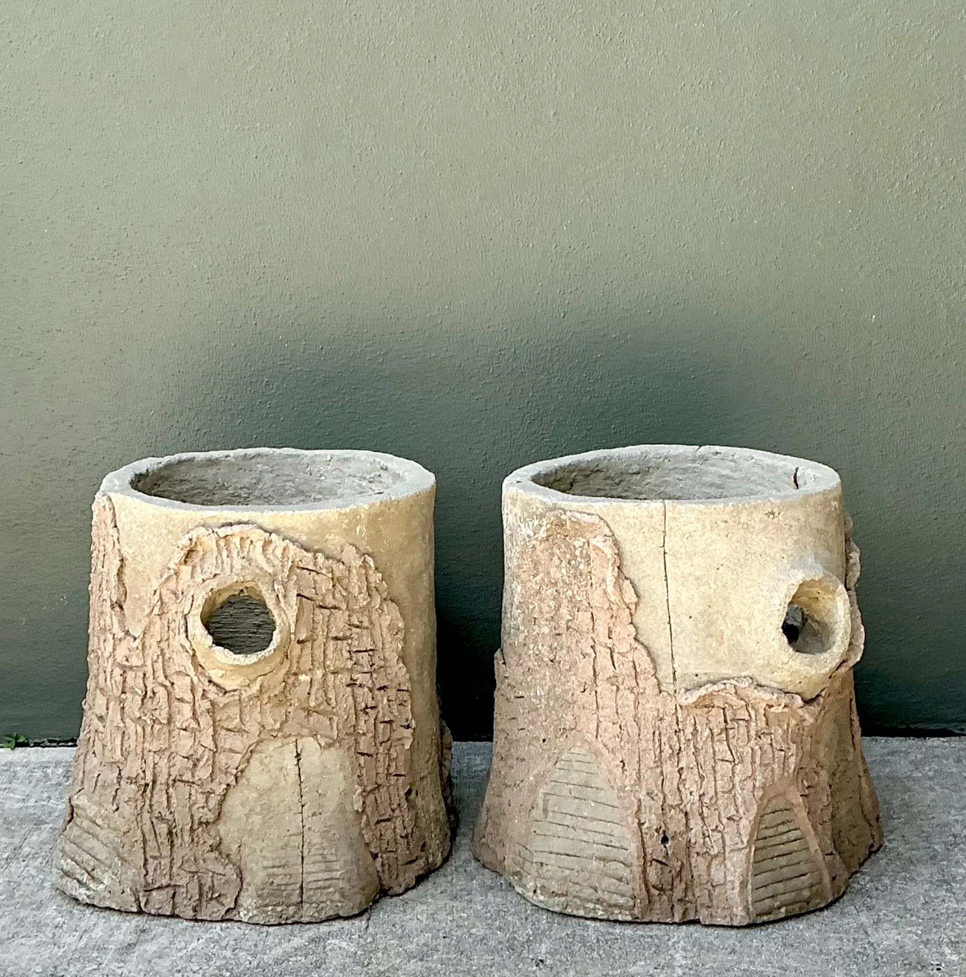 Handcrafted Faux Bois Cement  Planters - A Pair — additional photo 6