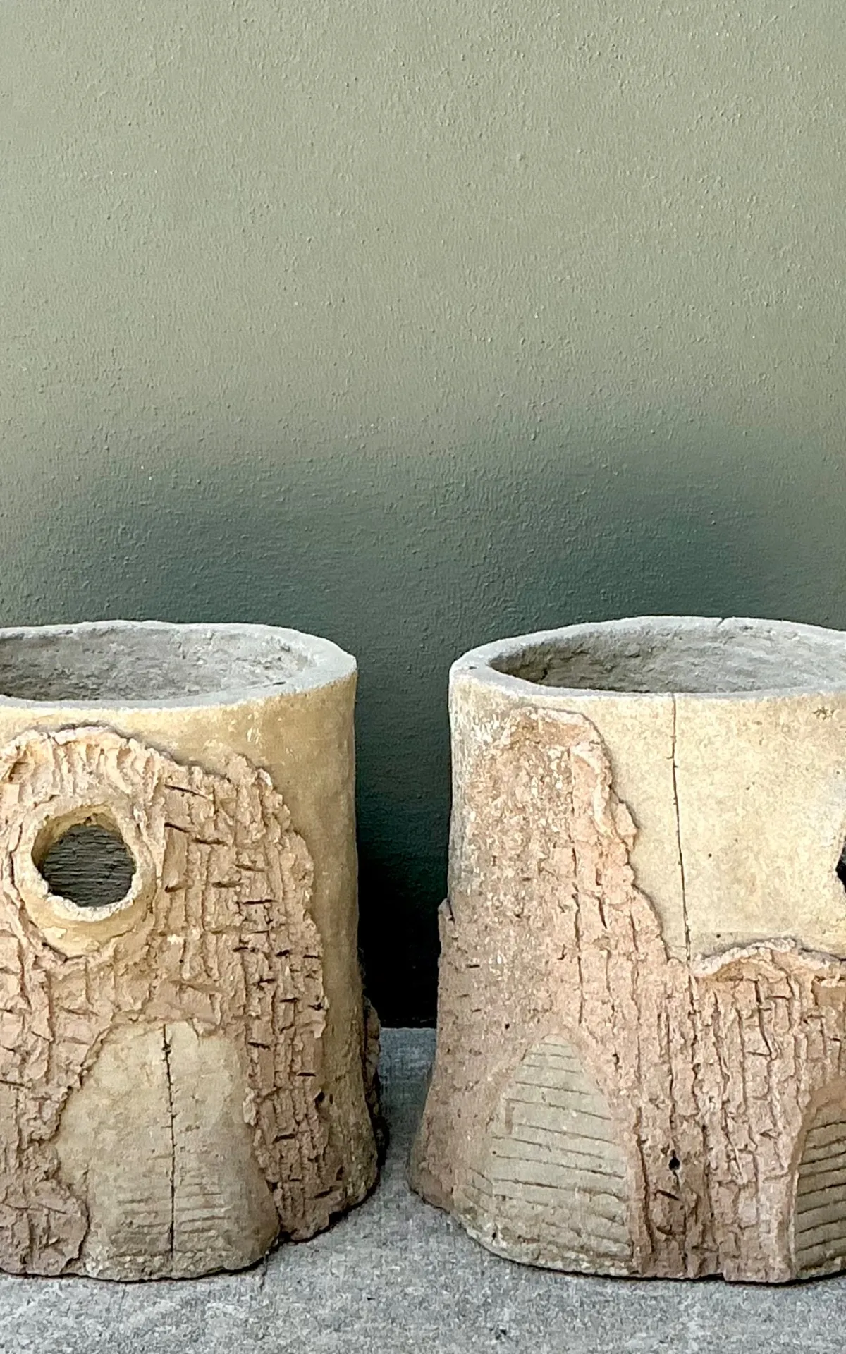 Handcrafted Faux Bois Cement  Planters - A Pair — additional photo 6