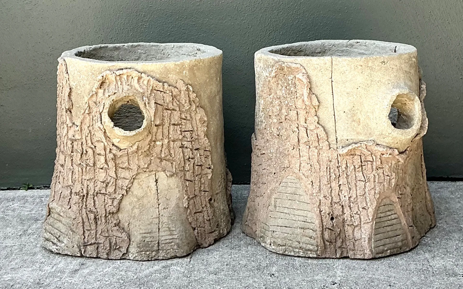Handcrafted Faux Bois Cement  Planters - A Pair — additional photo 3