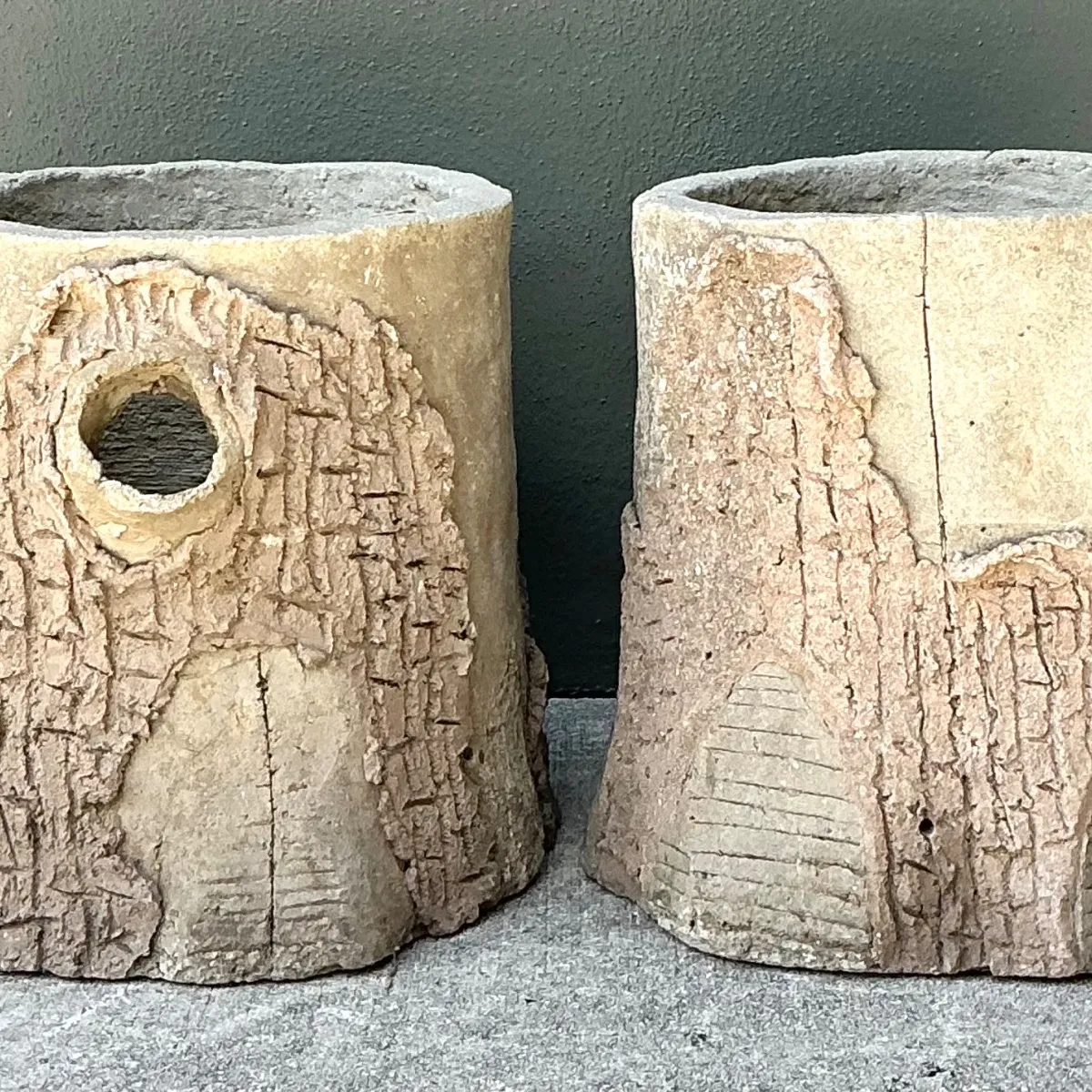 Handcrafted Faux Bois Cement  Planters - A Pair — additional photo 3