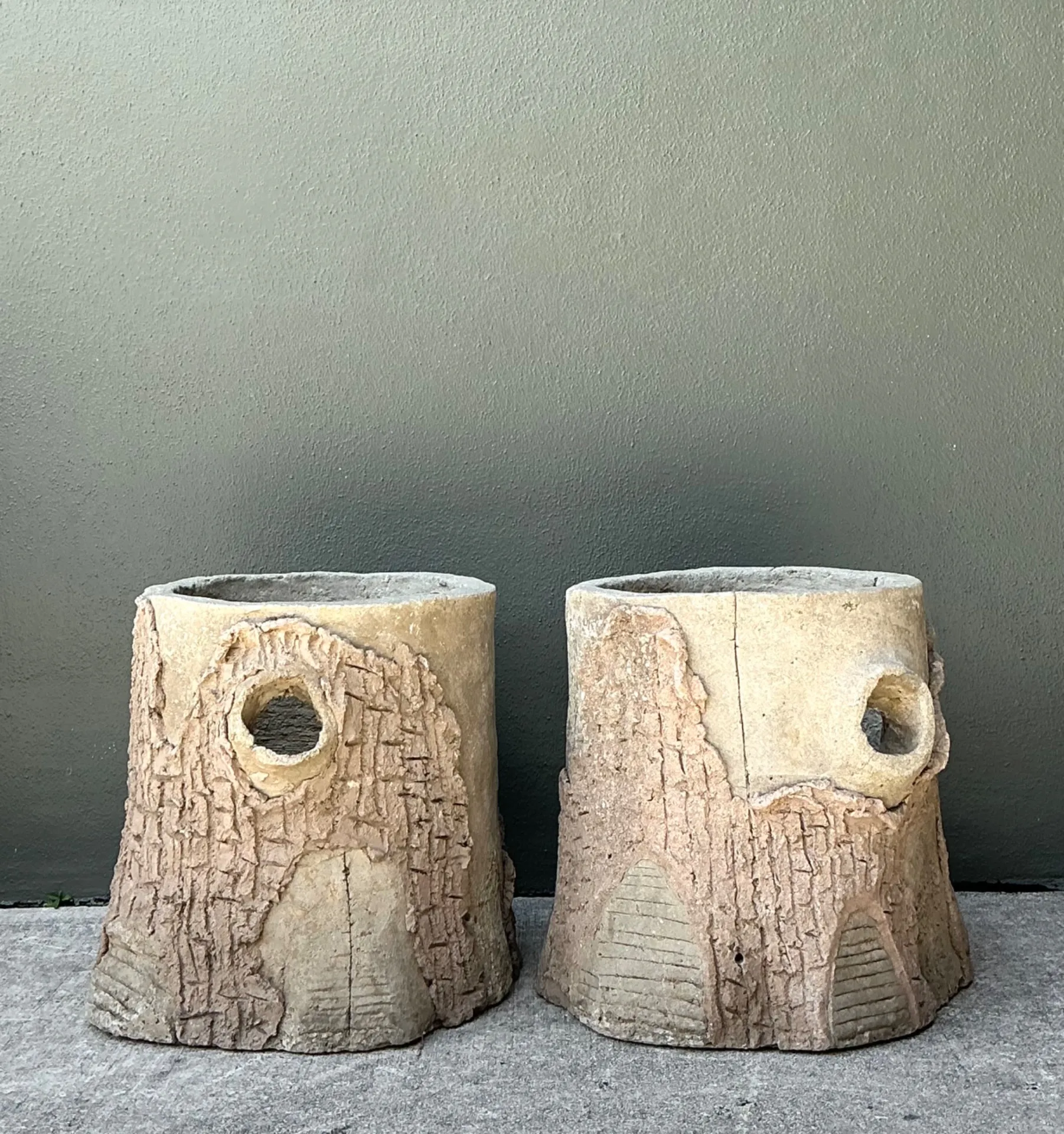 Handcrafted Faux Bois Cement  Planters - A Pair — additional photo 5