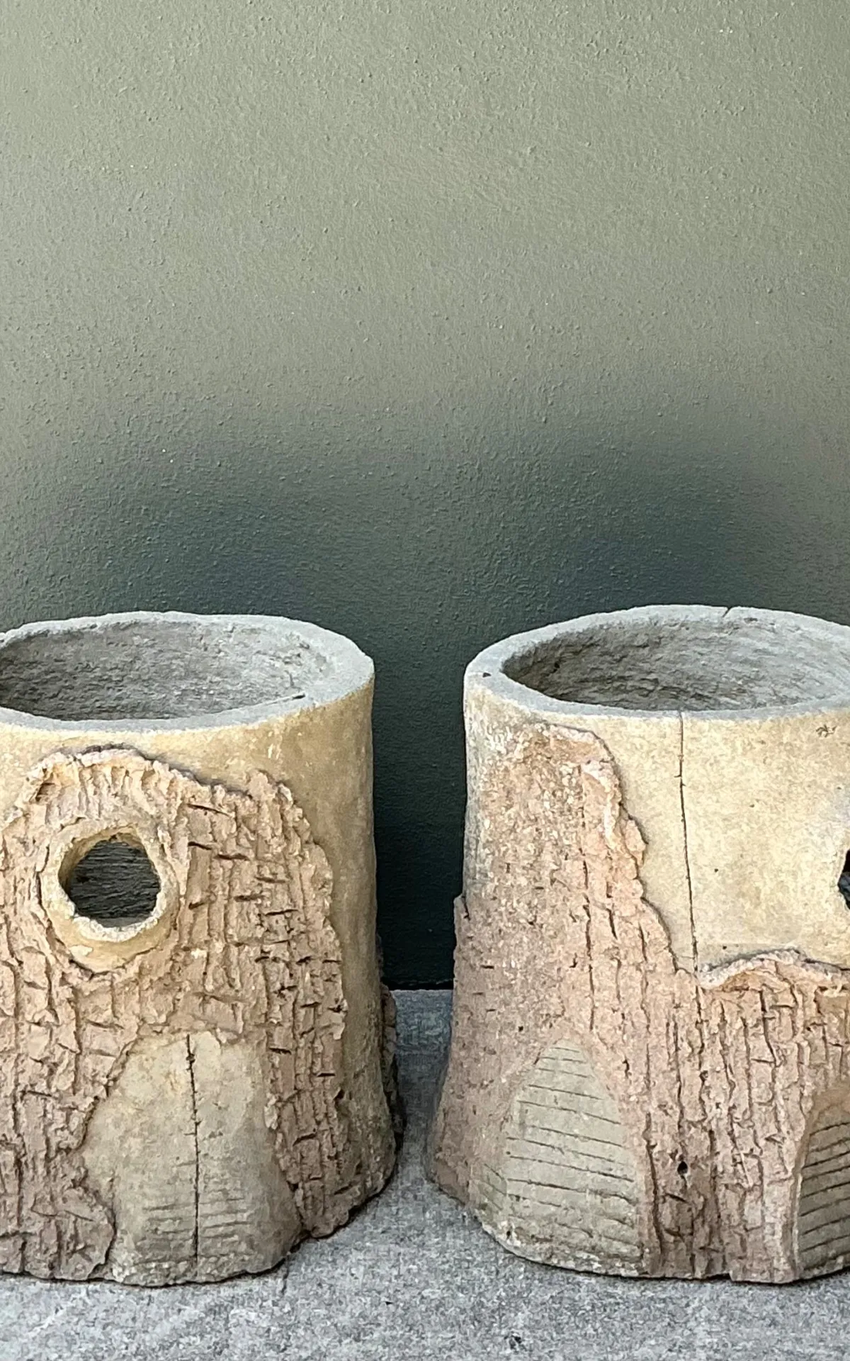 Handcrafted Faux Bois Cement  Planters - A Pair — additional photo 7