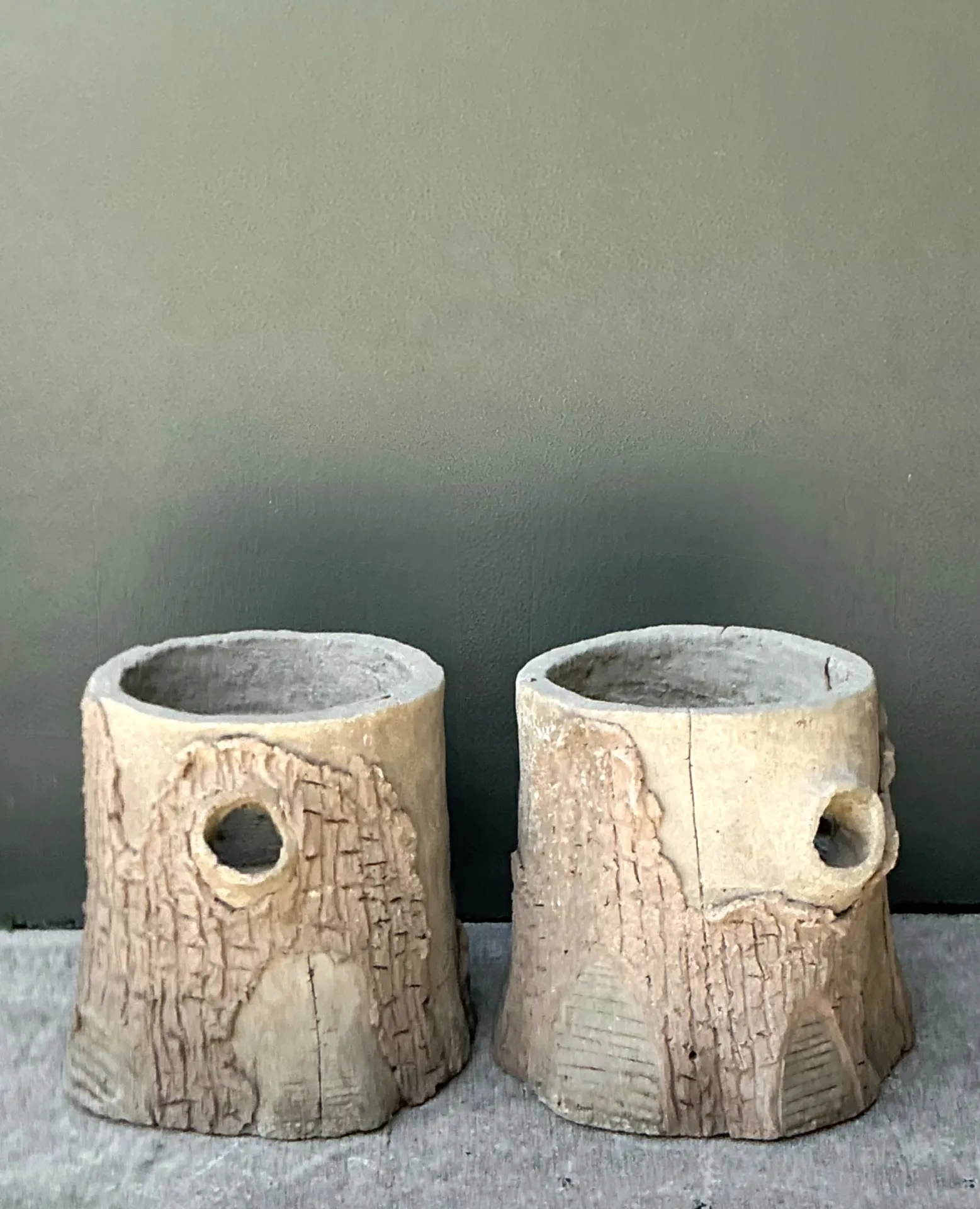 Handcrafted Faux Bois Cement  Planters - A Pair — additional photo 8