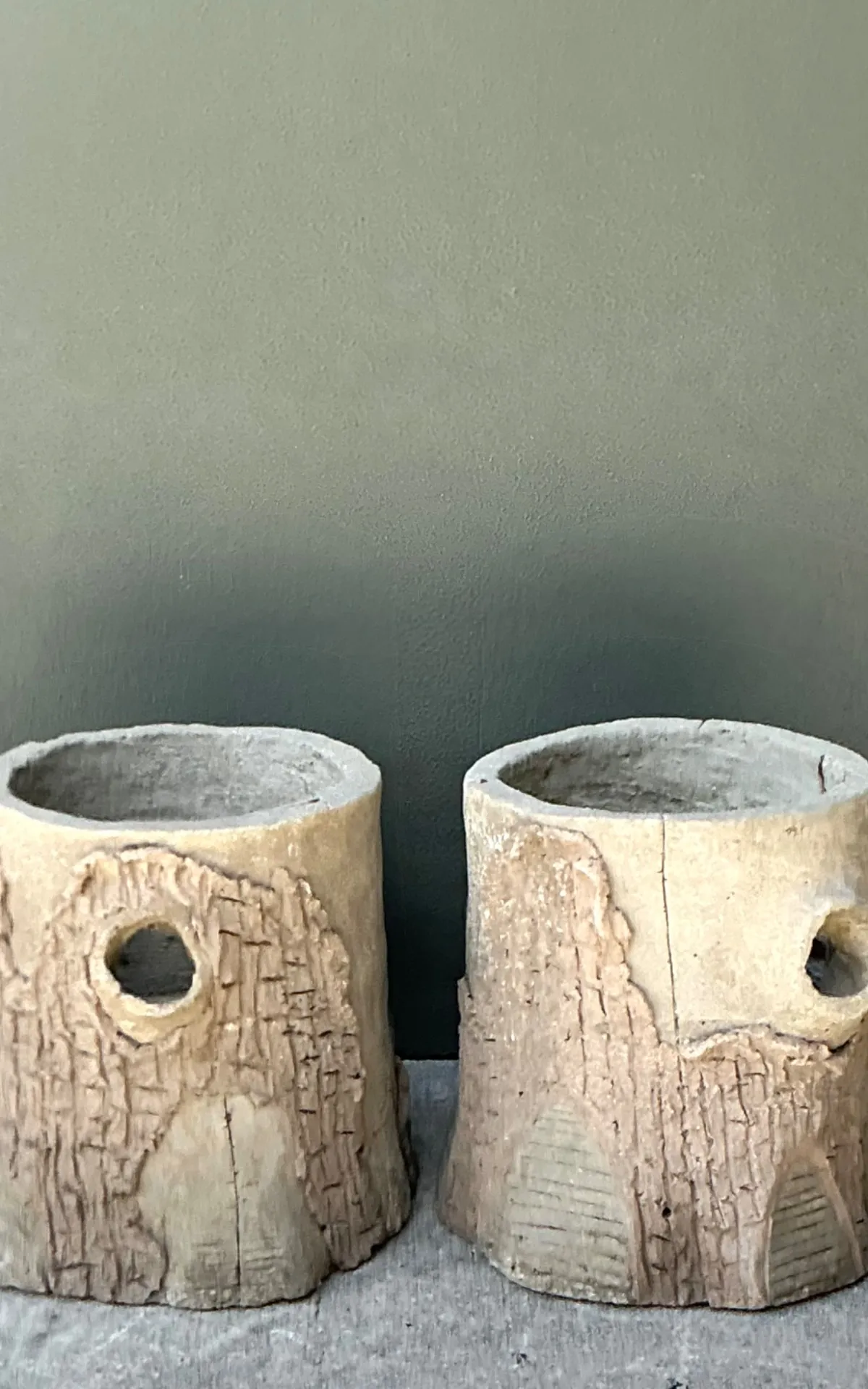 Handcrafted Faux Bois Cement  Planters - A Pair — additional photo 8
