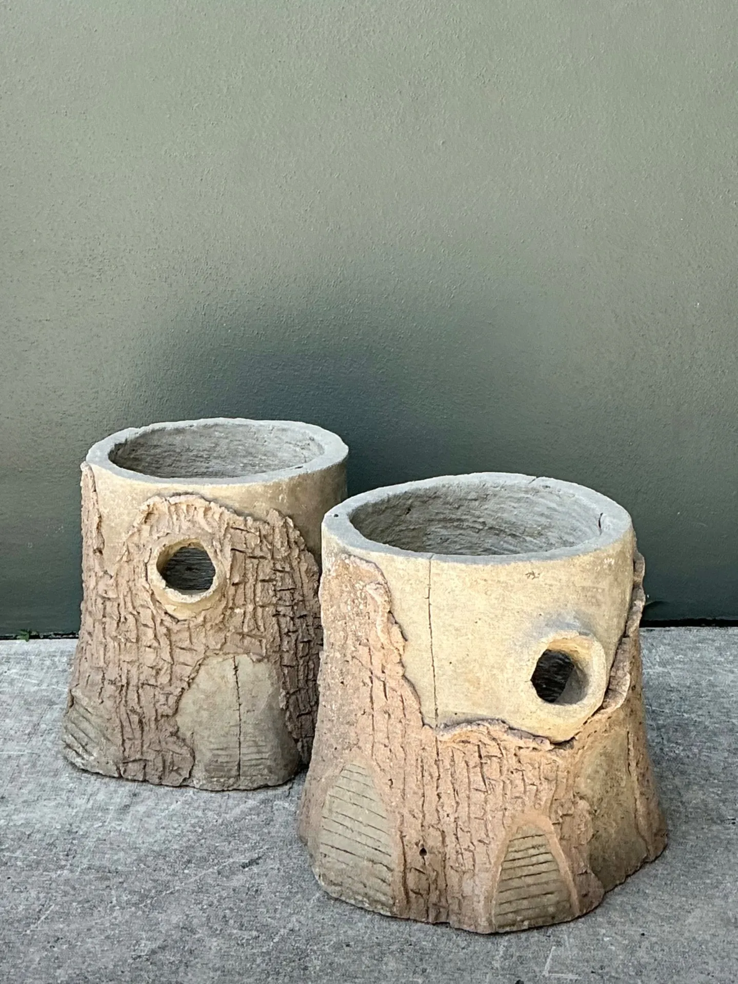Handcrafted Faux Bois Cement  Planters - A Pair — additional photo 1